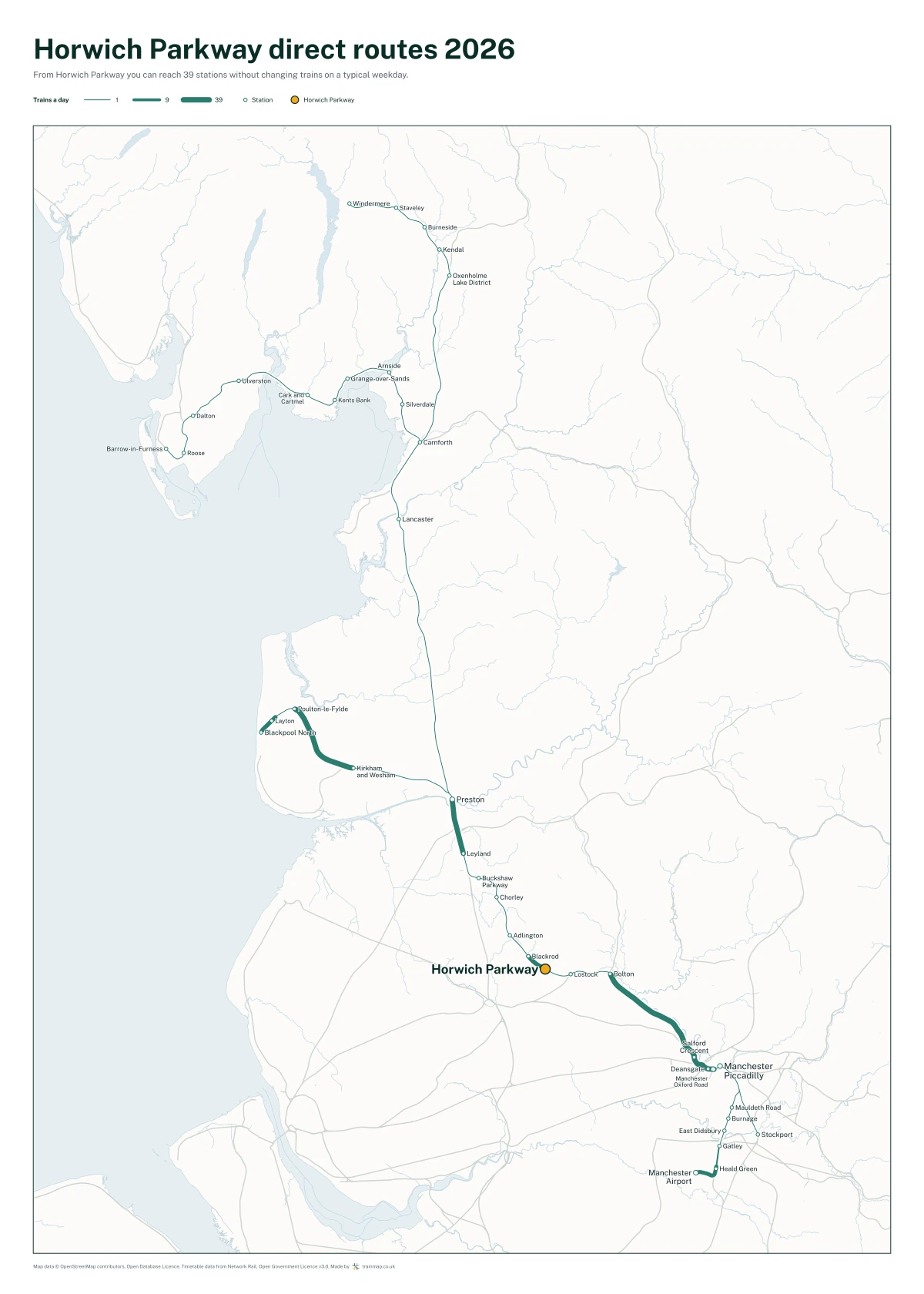 Horwich Parkway direct routes 2026: a map of every station you can reach from Horwich Parkway without changing trains, the lines thicker where more trains run