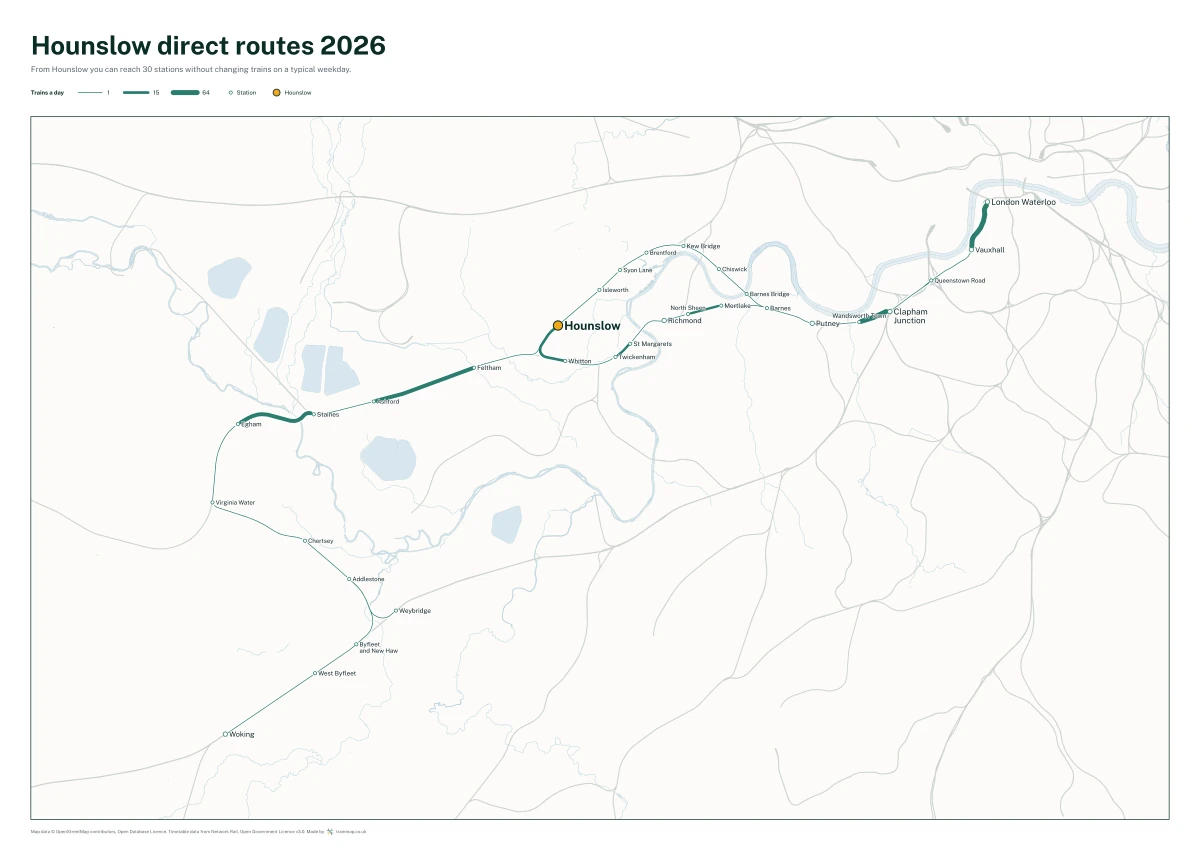 Hounslow direct routes 2026: a map of every station you can reach from Hounslow without changing trains, the lines thicker where more trains run