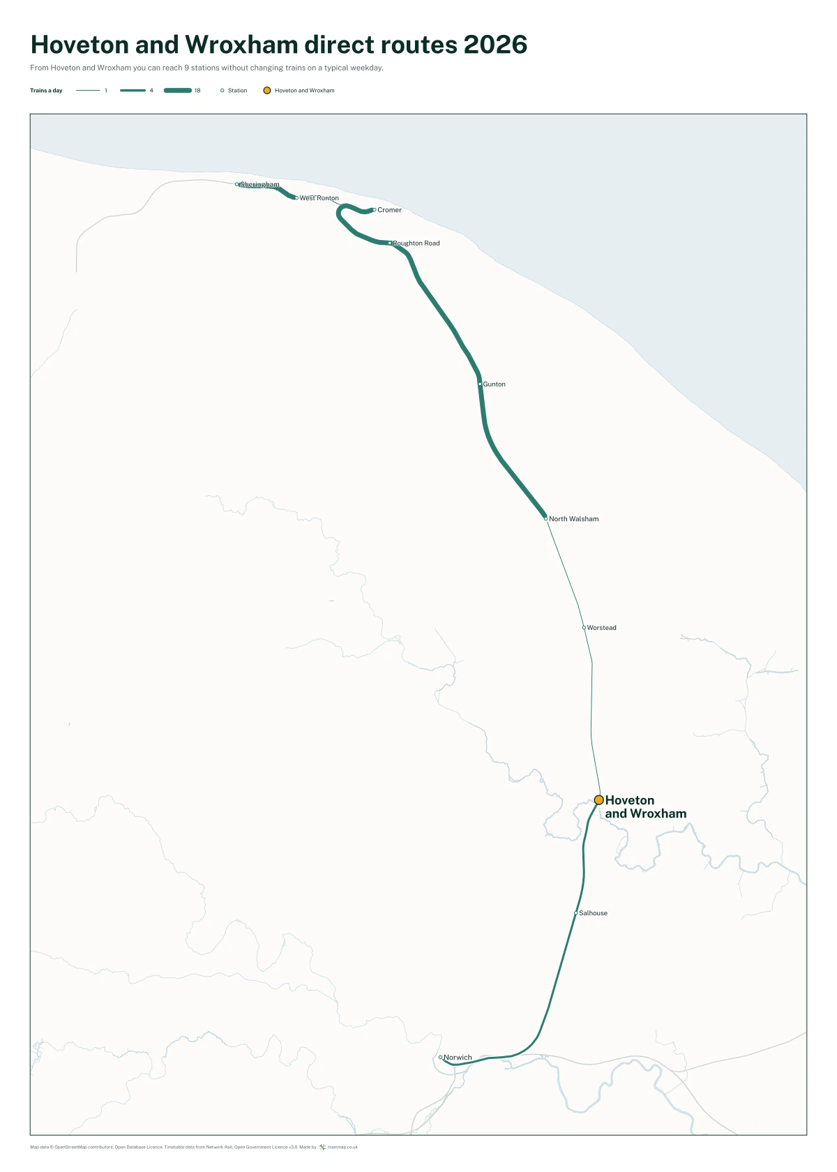 Hoveton and Wroxham direct routes 2026: a map of every station you can reach from Hoveton and Wroxham without changing trains, the lines thicker where more trains run