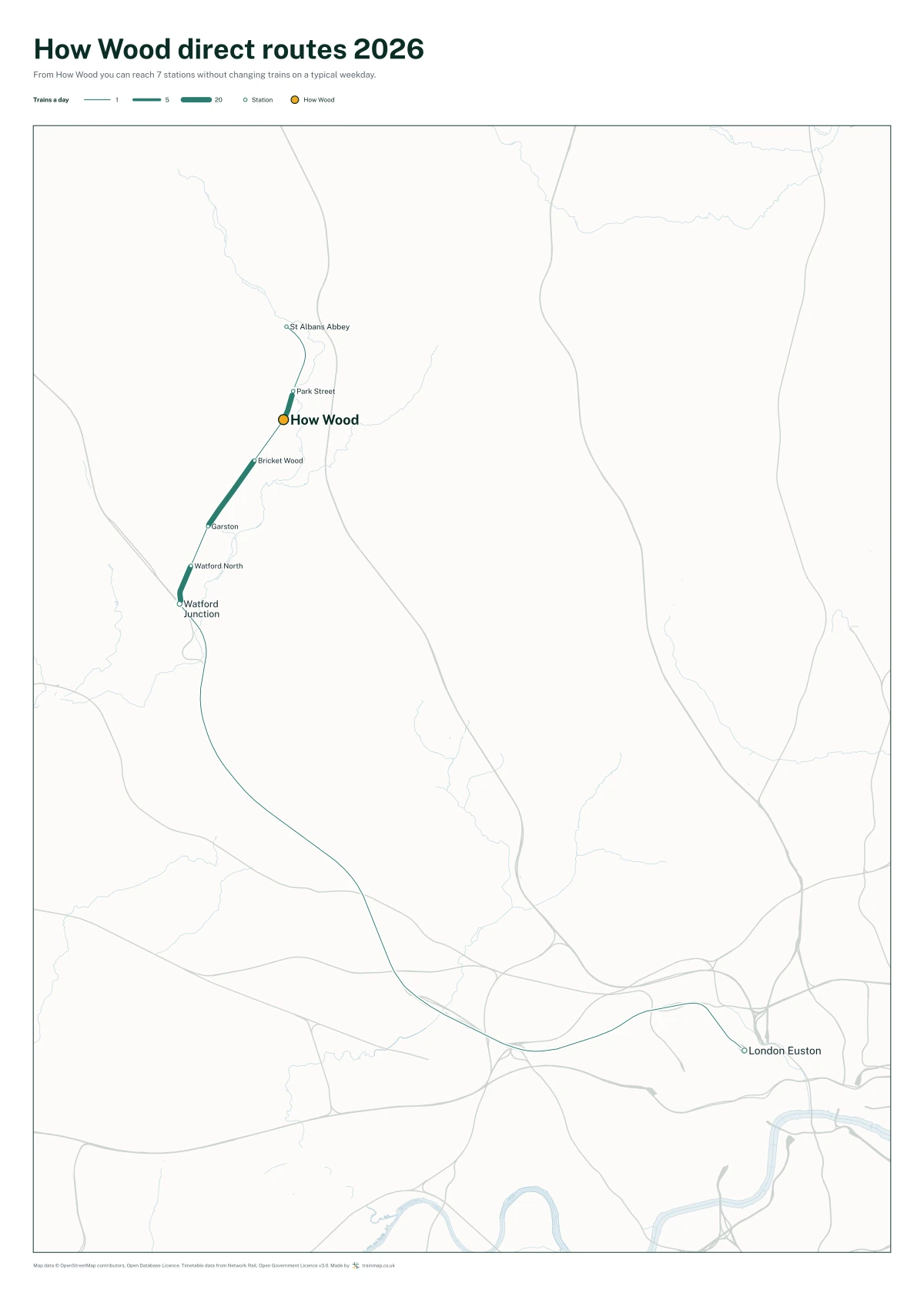 How Wood direct routes 2026: a map of every station you can reach from How Wood without changing trains, the lines thicker where more trains run