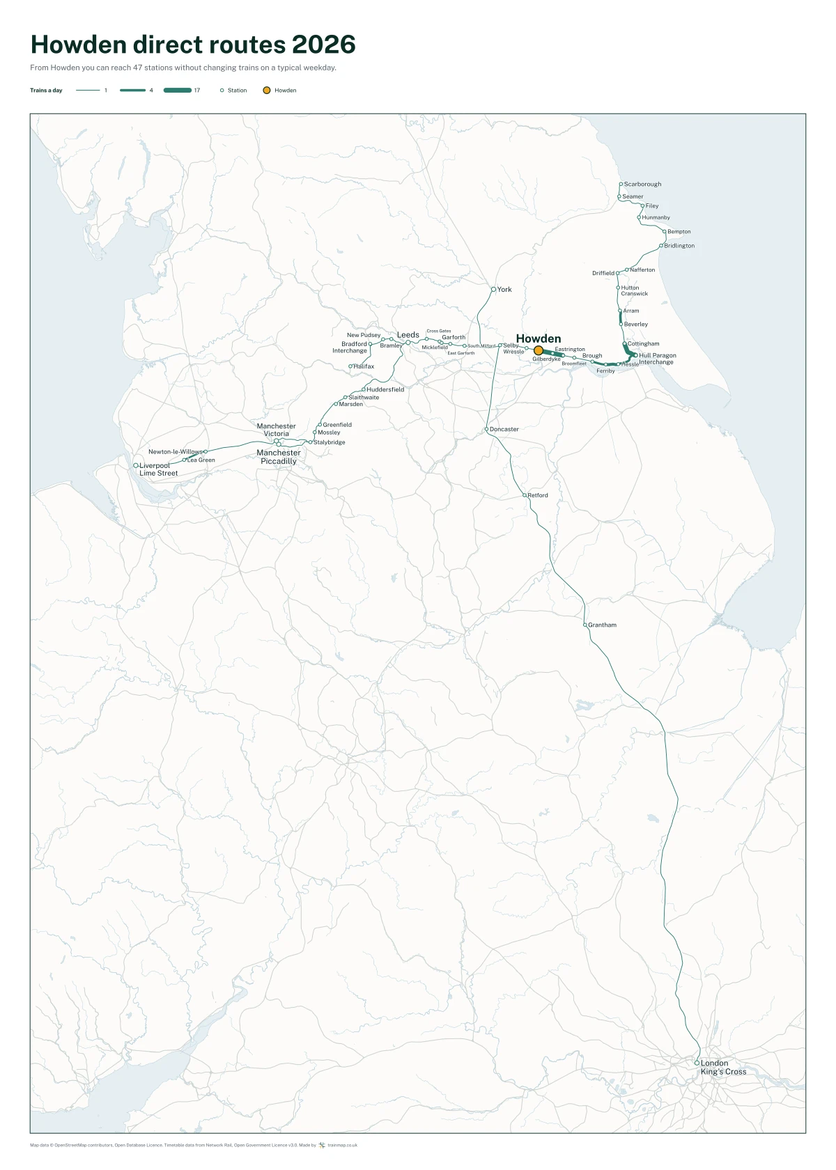 Howden direct routes 2026: a map of every station you can reach from Howden without changing trains, the lines thicker where more trains run