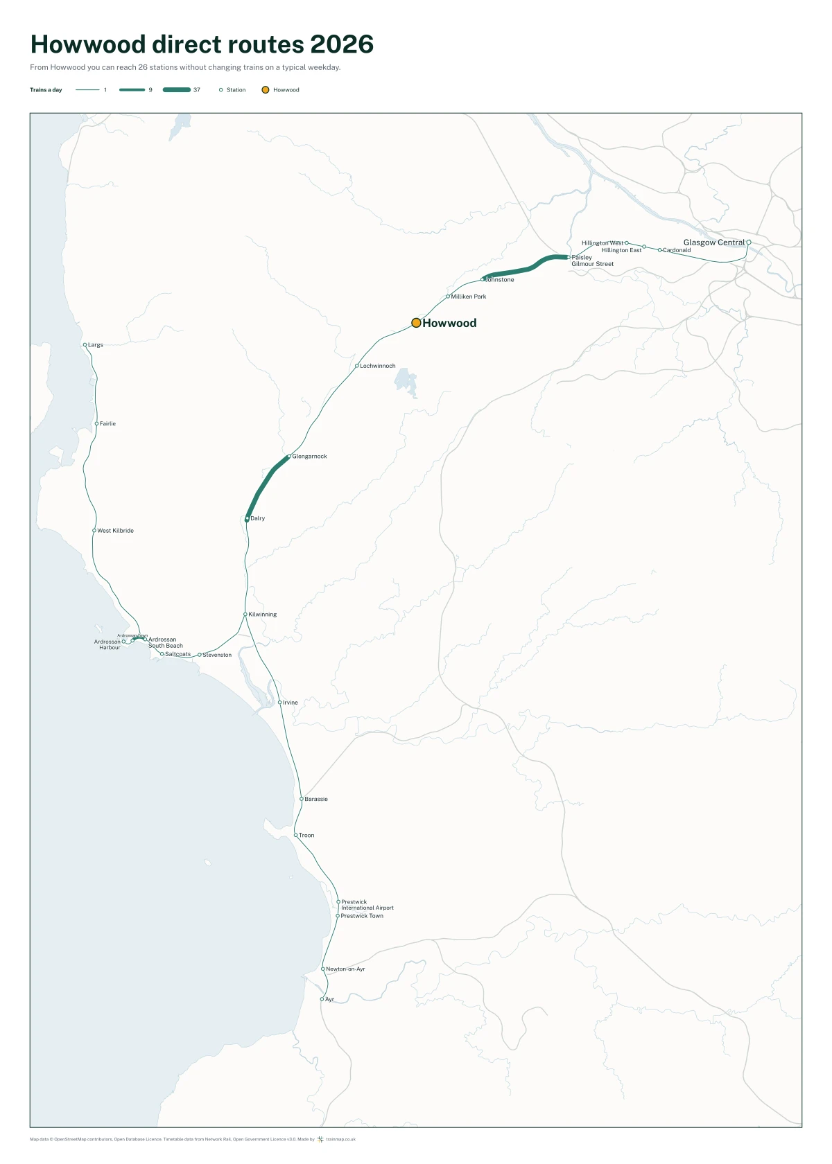 Howwood direct routes 2026: a map of every station you can reach from Howwood without changing trains, the lines thicker where more trains run
