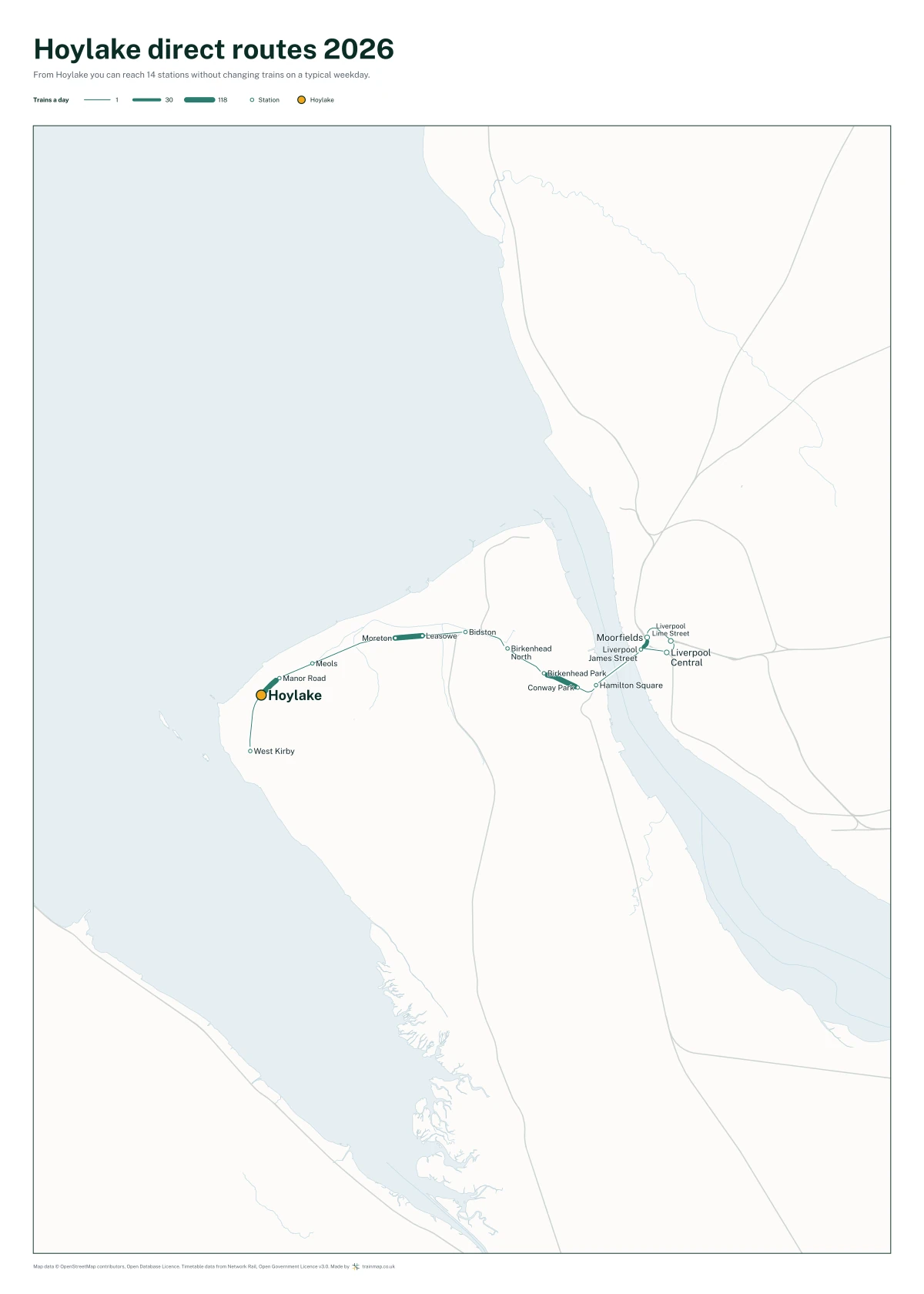 Hoylake direct routes 2026: a map of every station you can reach from Hoylake without changing trains, the lines thicker where more trains run