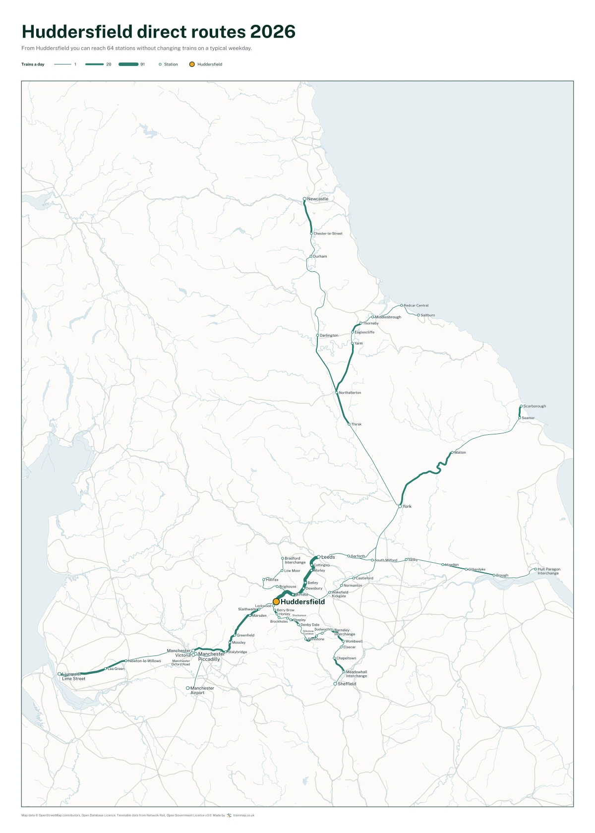 Huddersfield direct routes 2026: a map of every station you can reach from Huddersfield without changing trains, the lines thicker where more trains run