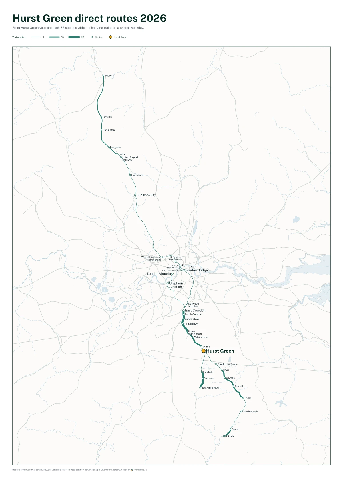 Hurst Green direct routes 2026: a map of every station you can reach from Hurst Green without changing trains, the lines thicker where more trains run