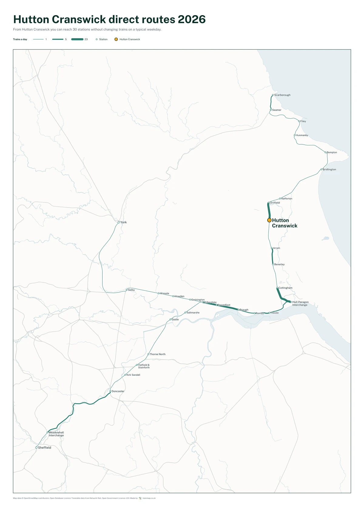Hutton Cranswick direct routes 2026: a map of every station you can reach from Hutton Cranswick without changing trains, the lines thicker where more trains run