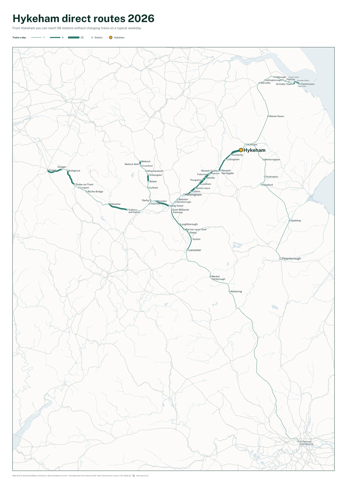 Hykeham direct routes 2026: a map of every station you can reach from Hykeham without changing trains, the lines thicker where more trains run