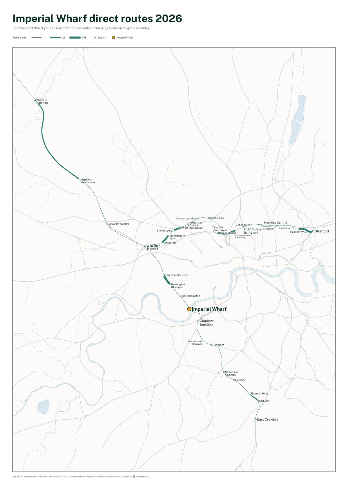 Imperial Wharf direct routes 2026: a map of every station you can reach from Imperial Wharf without changing trains, the lines thicker where more trains run