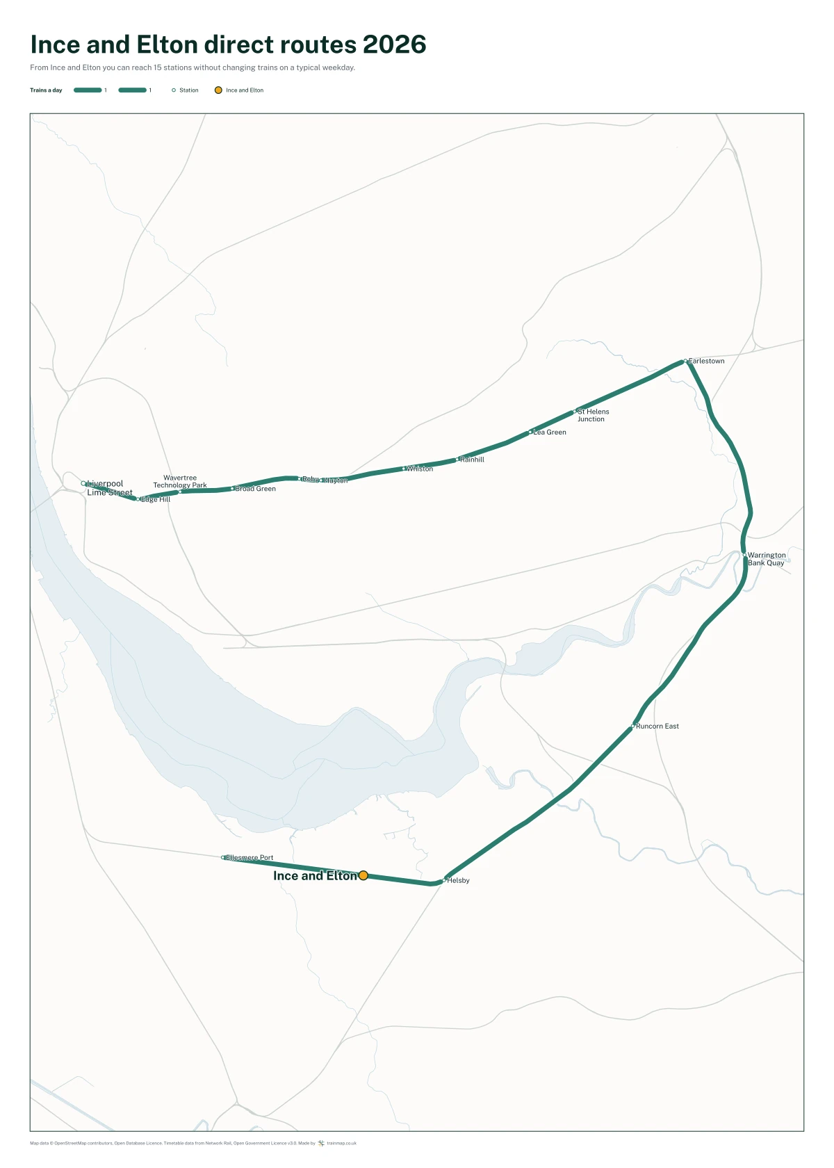 Ince and Elton direct routes 2026: a map of every station you can reach from Ince and Elton without changing trains, the lines thicker where more trains run