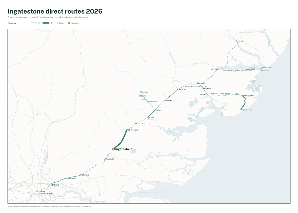 Ingatestone direct routes 2026: a map of every station you can reach from Ingatestone without changing trains, the lines thicker where more trains run