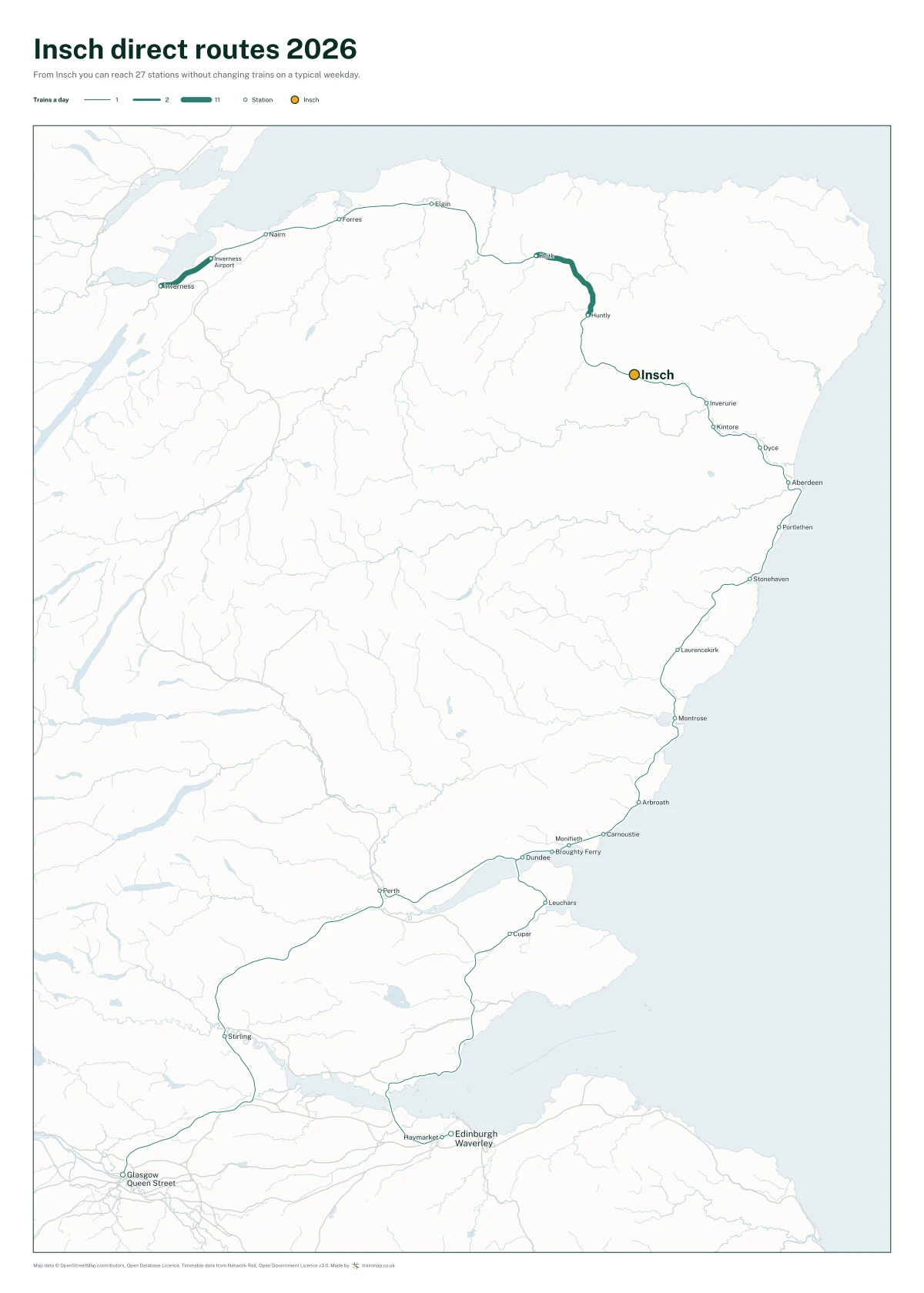 Insch direct routes 2026: a map of every station you can reach from Insch without changing trains, the lines thicker where more trains run