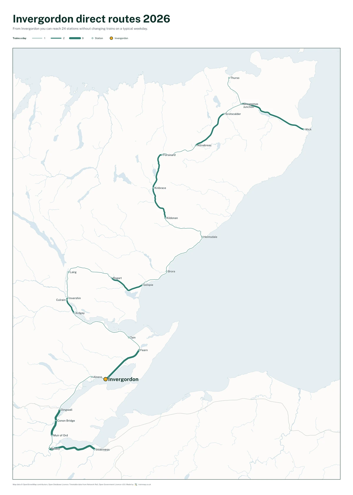 Invergordon direct routes 2026: a map of every station you can reach from Invergordon without changing trains, the lines thicker where more trains run