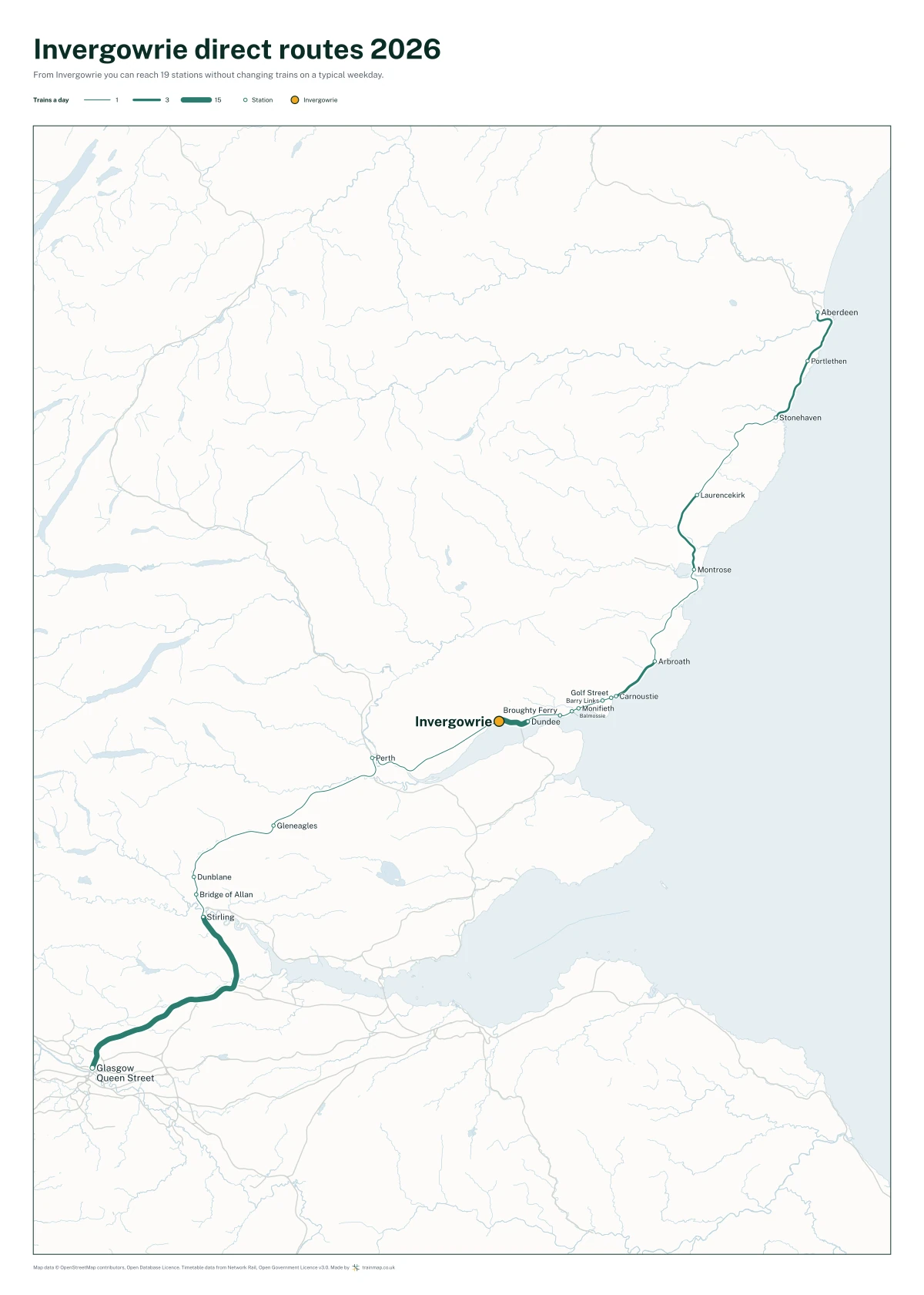 Invergowrie direct routes 2026: a map of every station you can reach from Invergowrie without changing trains, the lines thicker where more trains run