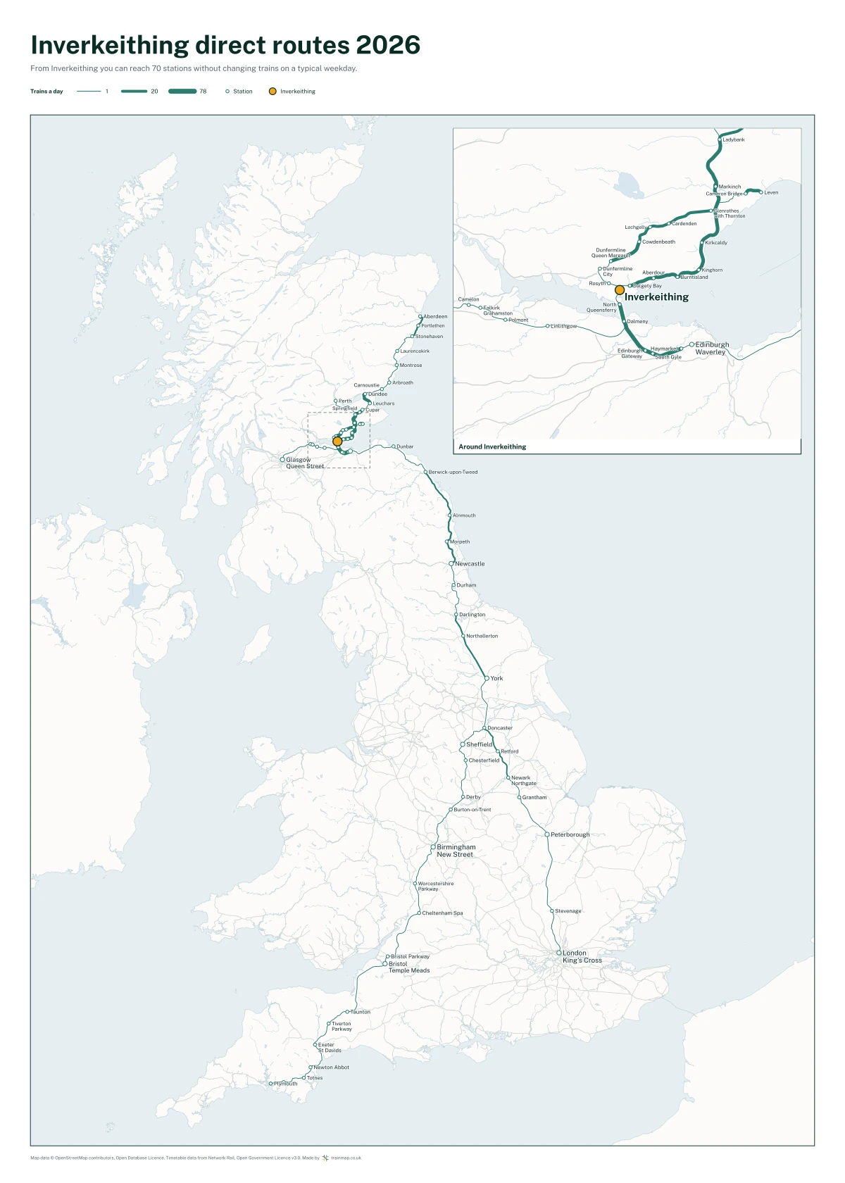 Inverkeithing direct routes 2026: a map of every station you can reach from Inverkeithing without changing trains, the lines thicker where more trains run