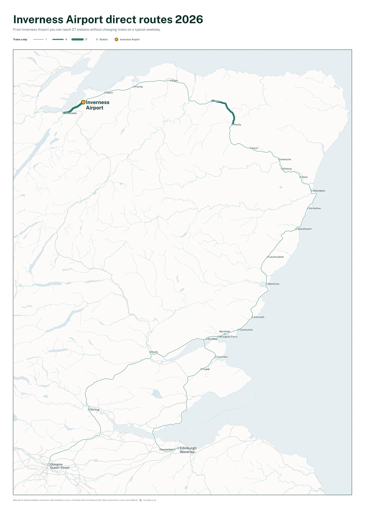 Inverness Airport direct routes 2026: a map of every station you can reach from Inverness Airport without changing trains, the lines thicker where more trains run