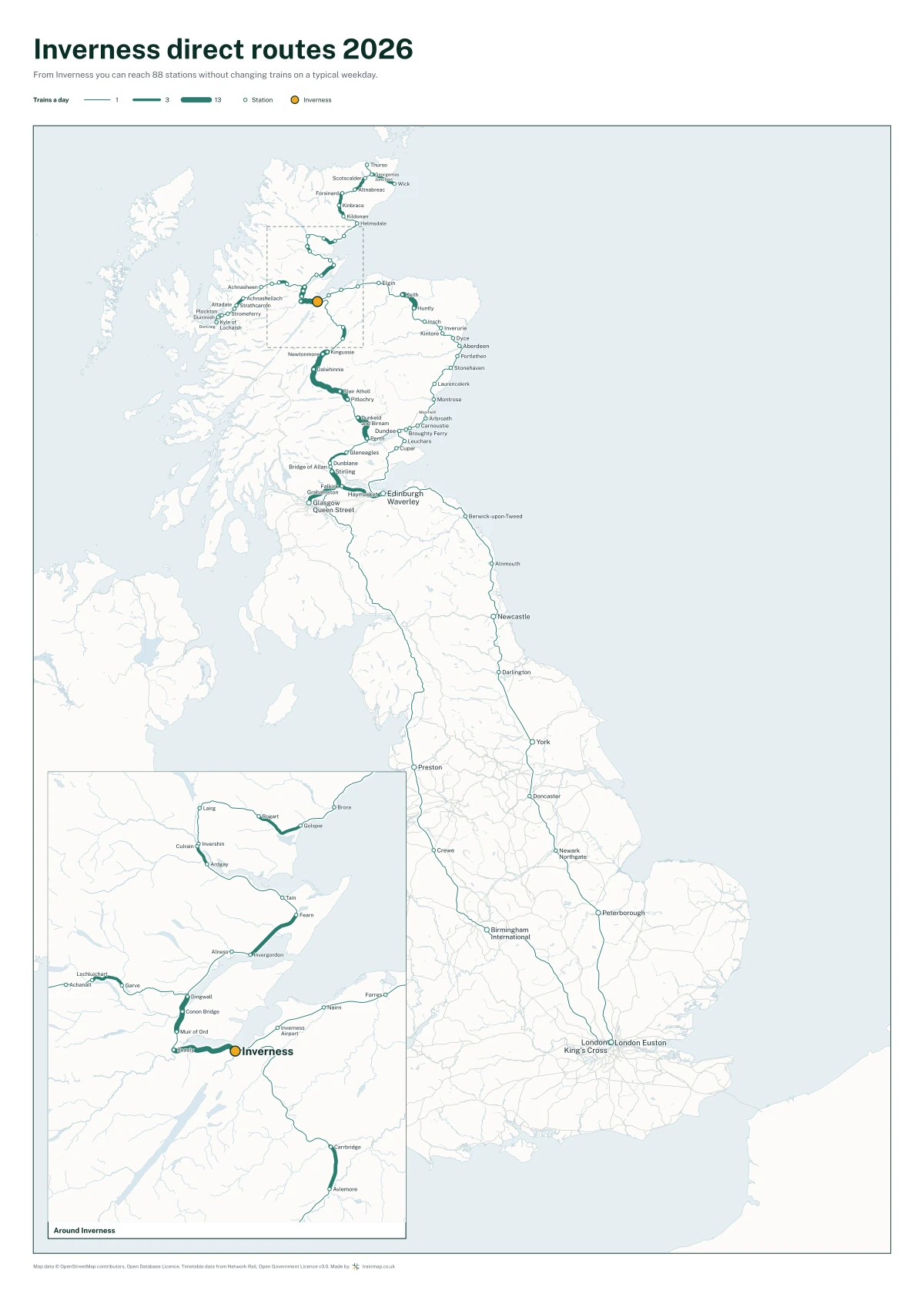 Inverness direct routes 2026: a map of every station you can reach from Inverness without changing trains, the lines thicker where more trains run