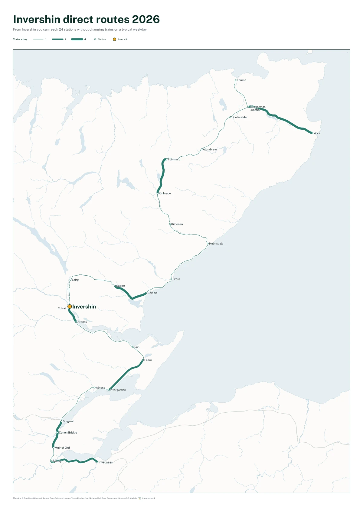 Invershin direct routes 2026: a map of every station you can reach from Invershin without changing trains, the lines thicker where more trains run