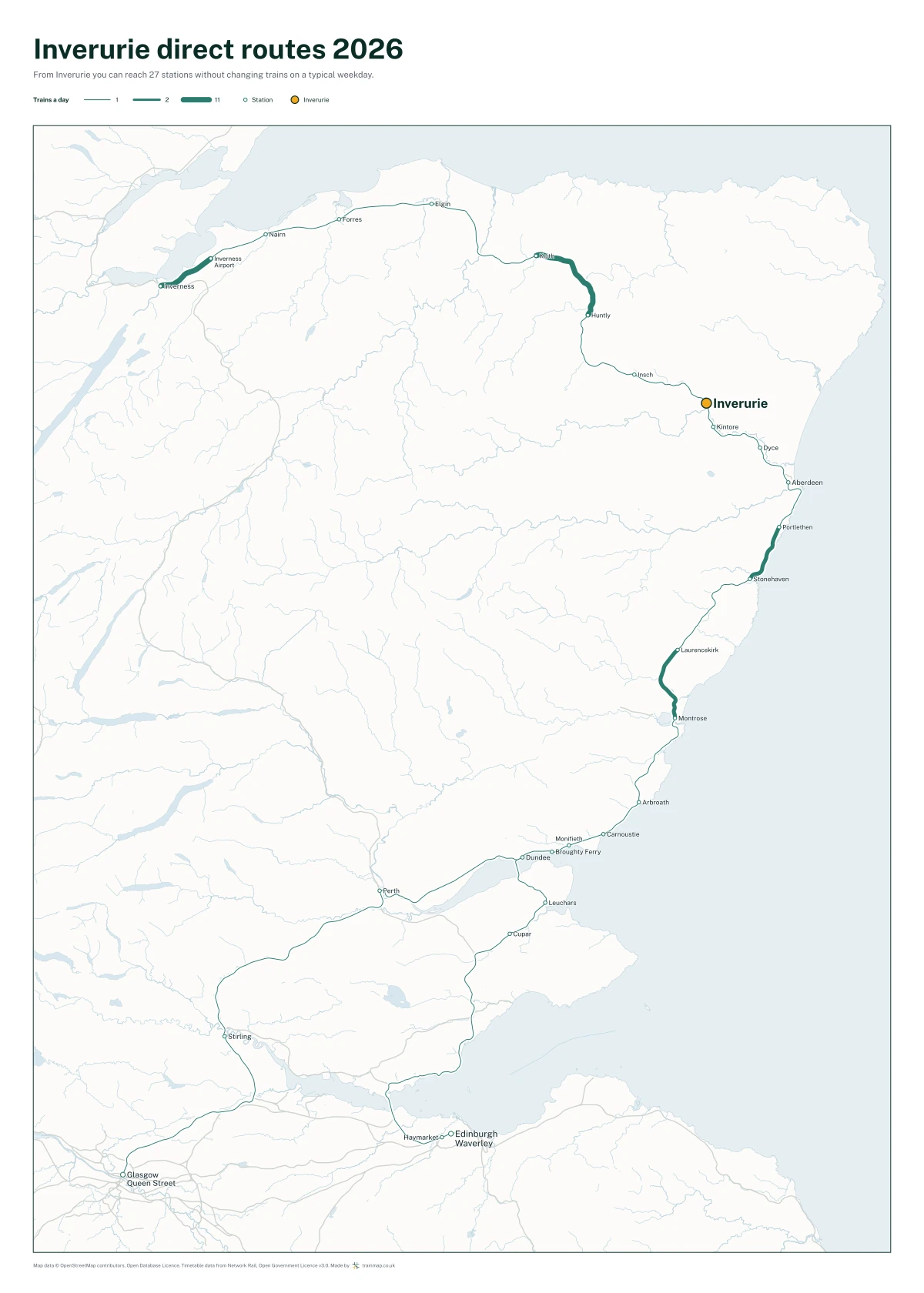 Inverurie direct routes 2026: a map of every station you can reach from Inverurie without changing trains, the lines thicker where more trains run