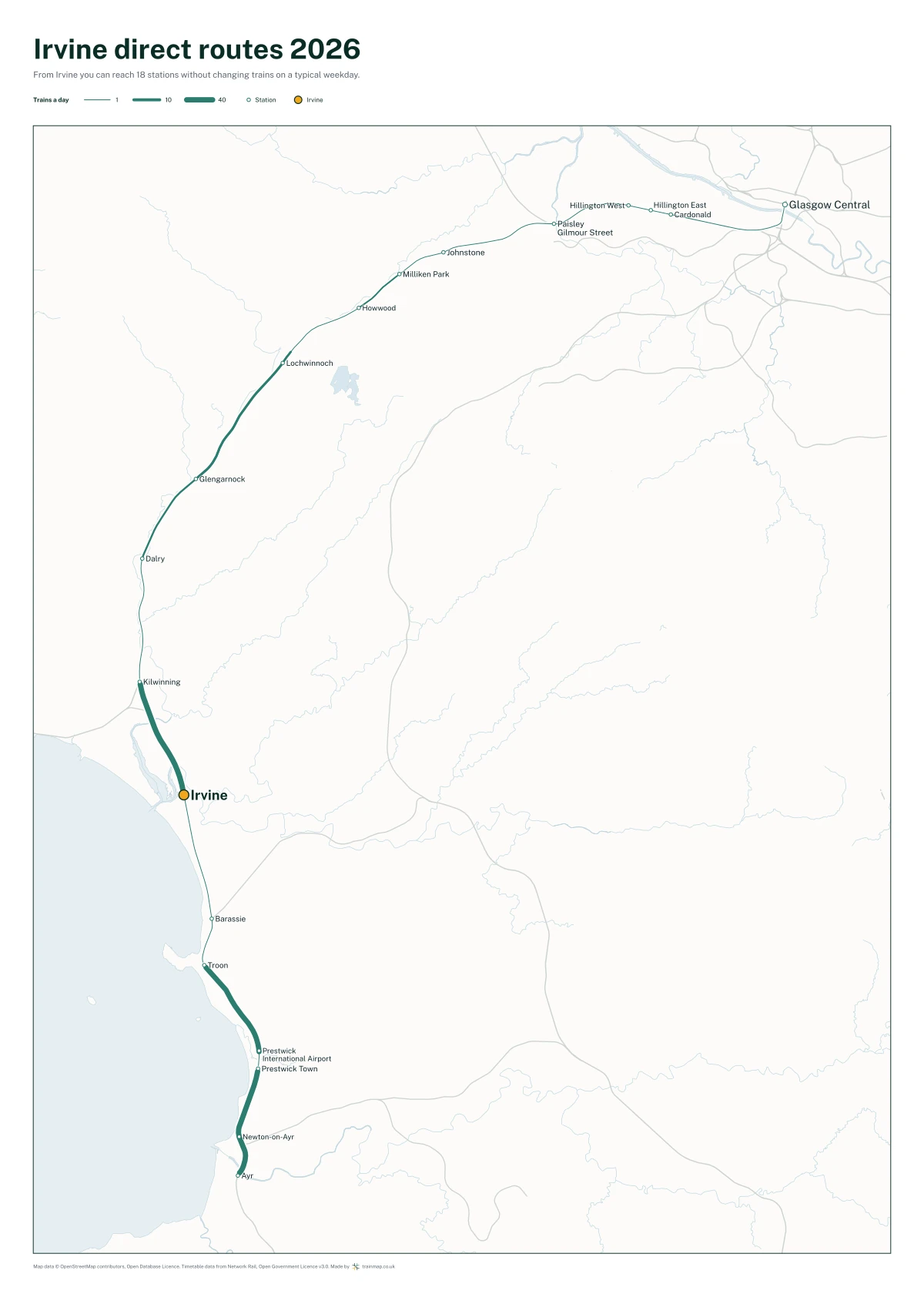 Irvine direct routes 2026: a map of every station you can reach from Irvine without changing trains, the lines thicker where more trains run