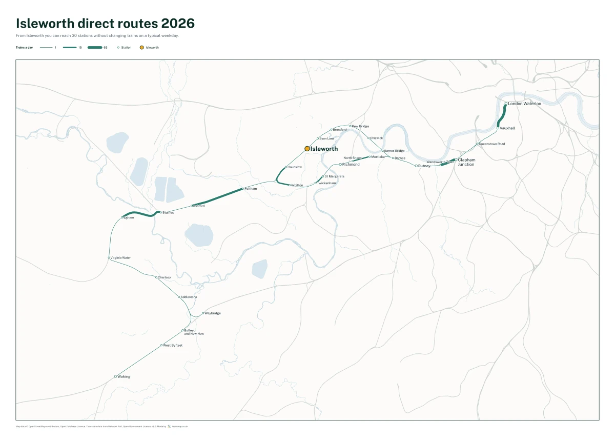 Isleworth direct routes 2026: a map of every station you can reach from Isleworth without changing trains, the lines thicker where more trains run