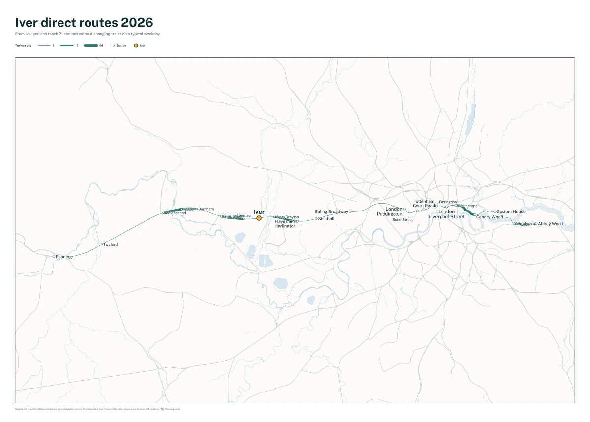Iver direct routes 2026: a map of every station you can reach from Iver without changing trains, the lines thicker where more trains run
