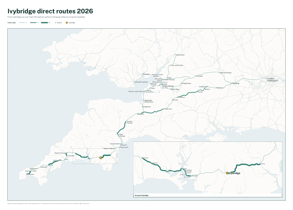 Ivybridge direct routes 2026: a map of every station you can reach from Ivybridge without changing trains, the lines thicker where more trains run