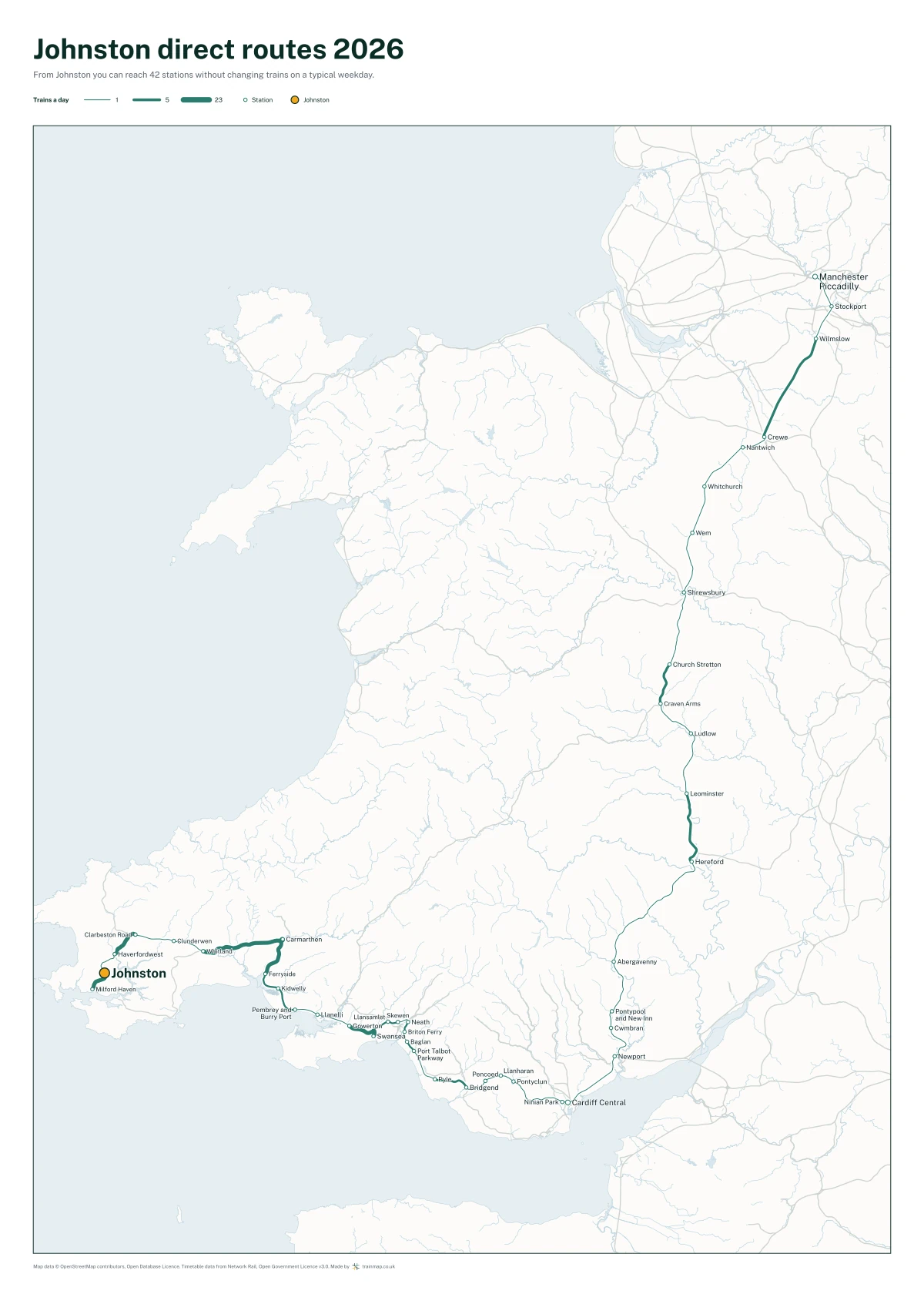 Johnston direct routes 2026: a map of every station you can reach from Johnston without changing trains, the lines thicker where more trains run