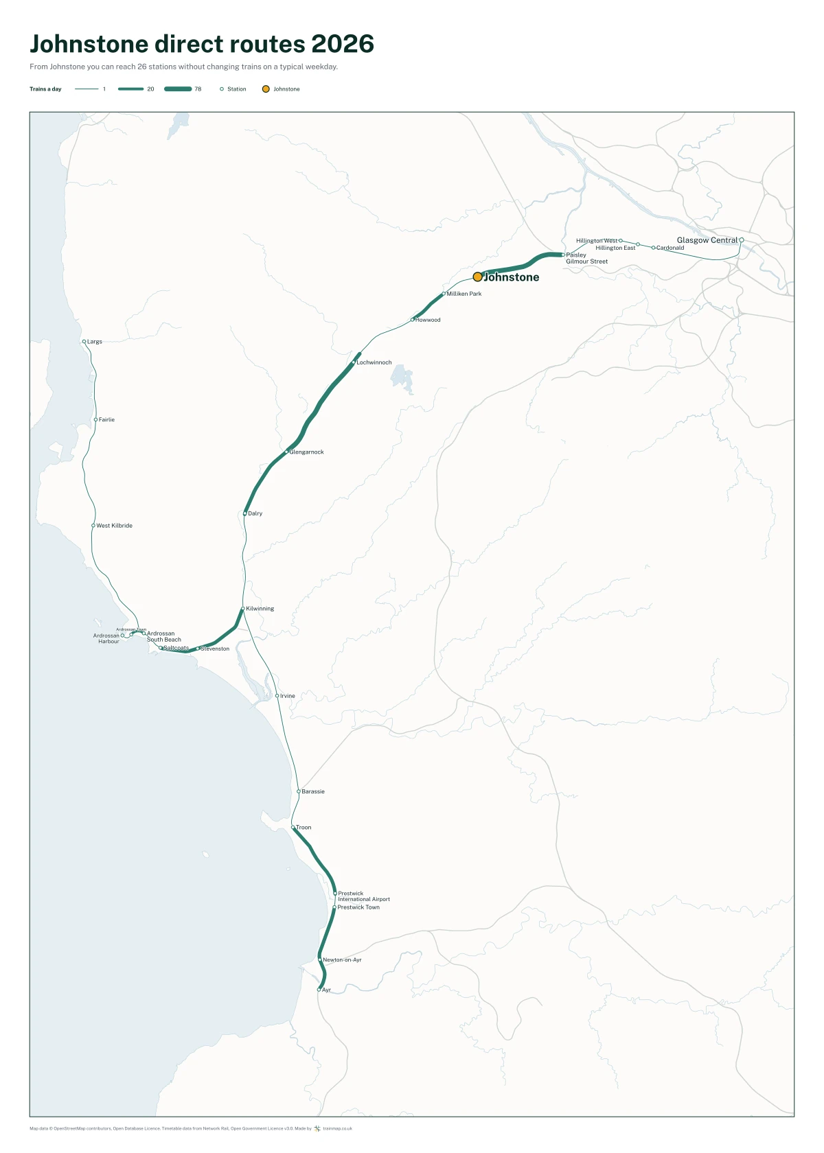 Johnstone direct routes 2026: a map of every station you can reach from Johnstone without changing trains, the lines thicker where more trains run
