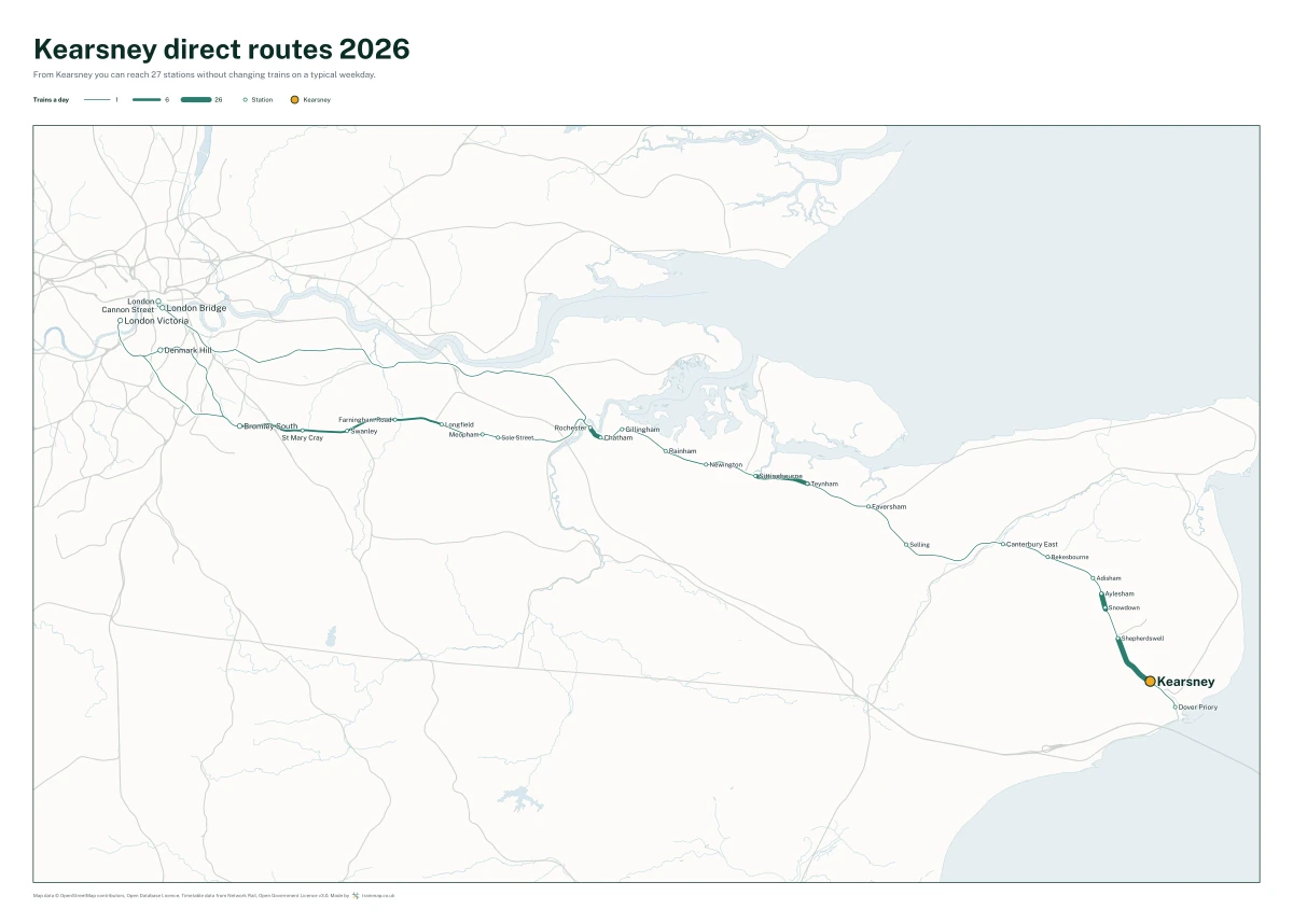 Kearsney direct routes 2026: a map of every station you can reach from Kearsney without changing trains, the lines thicker where more trains run