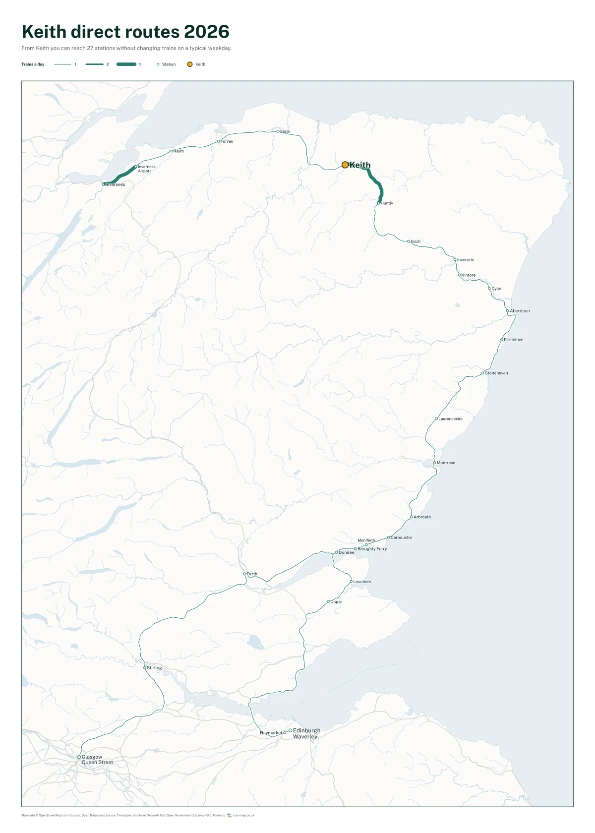 Keith direct routes 2026: a map of every station you can reach from Keith without changing trains, the lines thicker where more trains run