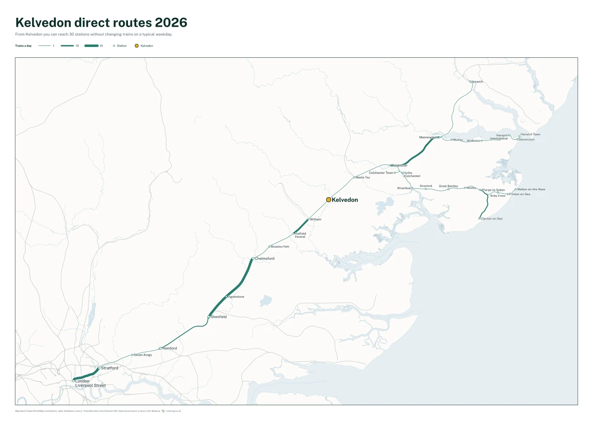 Kelvedon direct routes 2026: a map of every station you can reach from Kelvedon without changing trains, the lines thicker where more trains run
