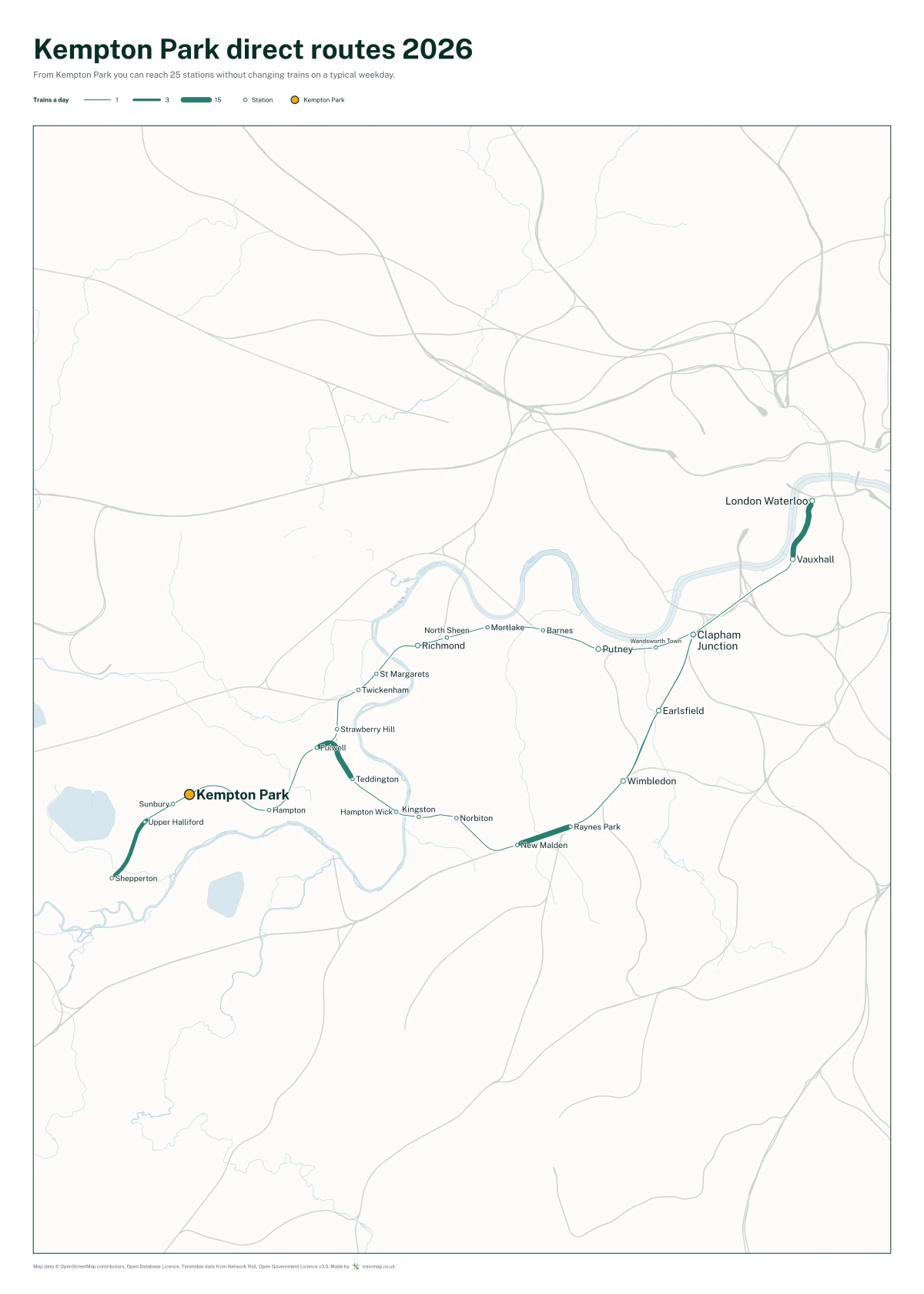 Kempton Park direct routes 2026: a map of every station you can reach from Kempton Park without changing trains, the lines thicker where more trains run