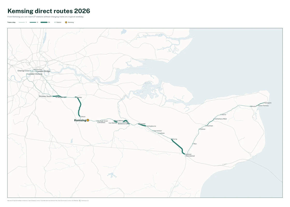 Kemsing direct routes 2026: a map of every station you can reach from Kemsing without changing trains, the lines thicker where more trains run