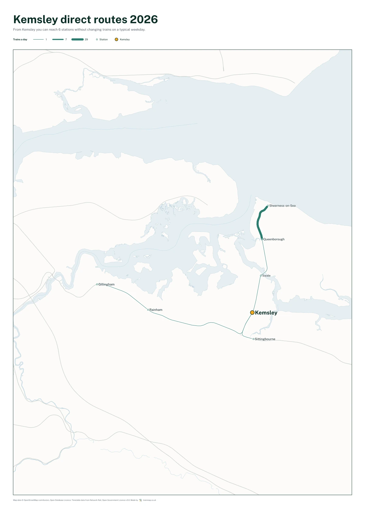 Kemsley direct routes 2026: a map of every station you can reach from Kemsley without changing trains, the lines thicker where more trains run
