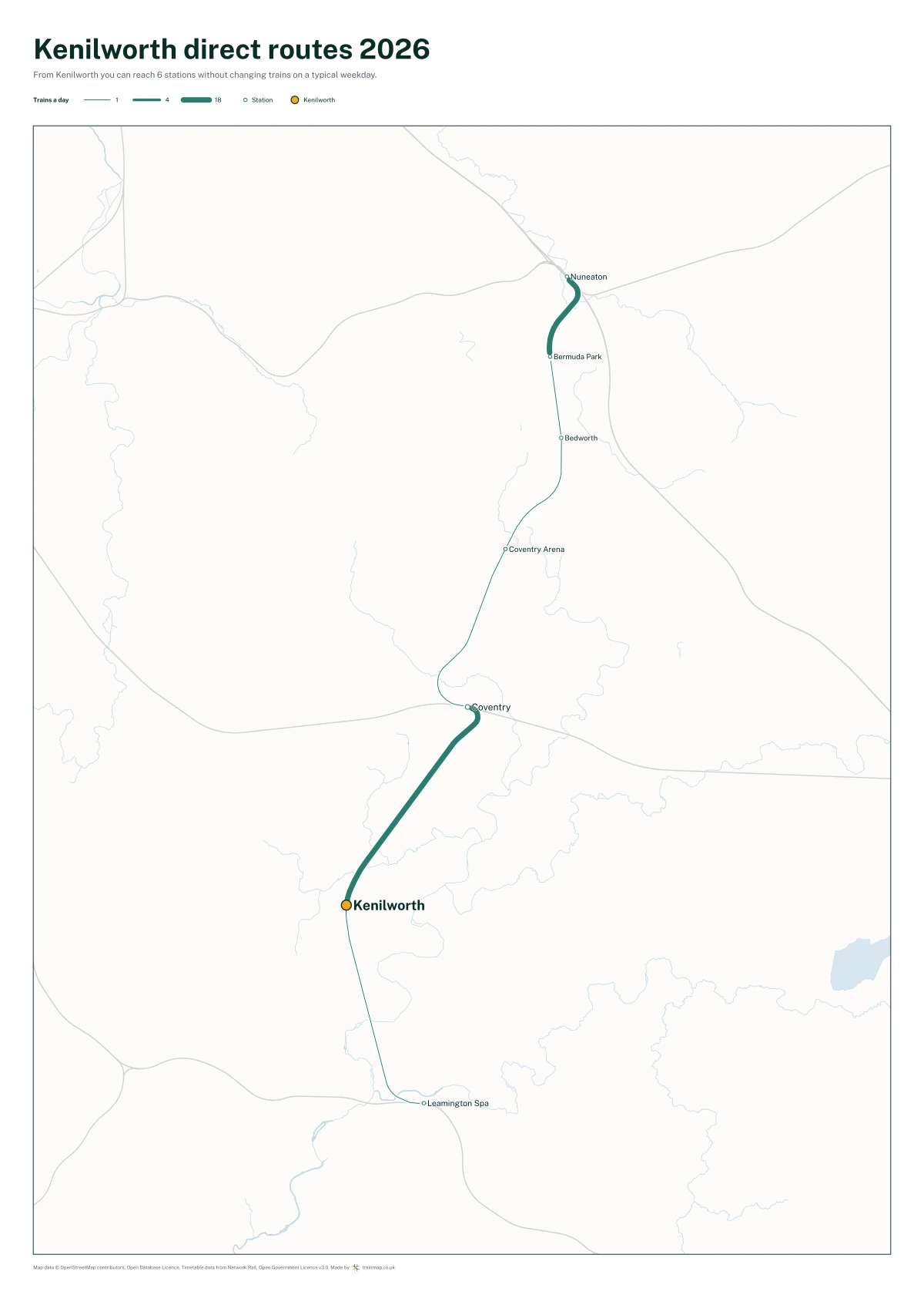 Kenilworth direct routes 2026: a map of every station you can reach from Kenilworth without changing trains, the lines thicker where more trains run