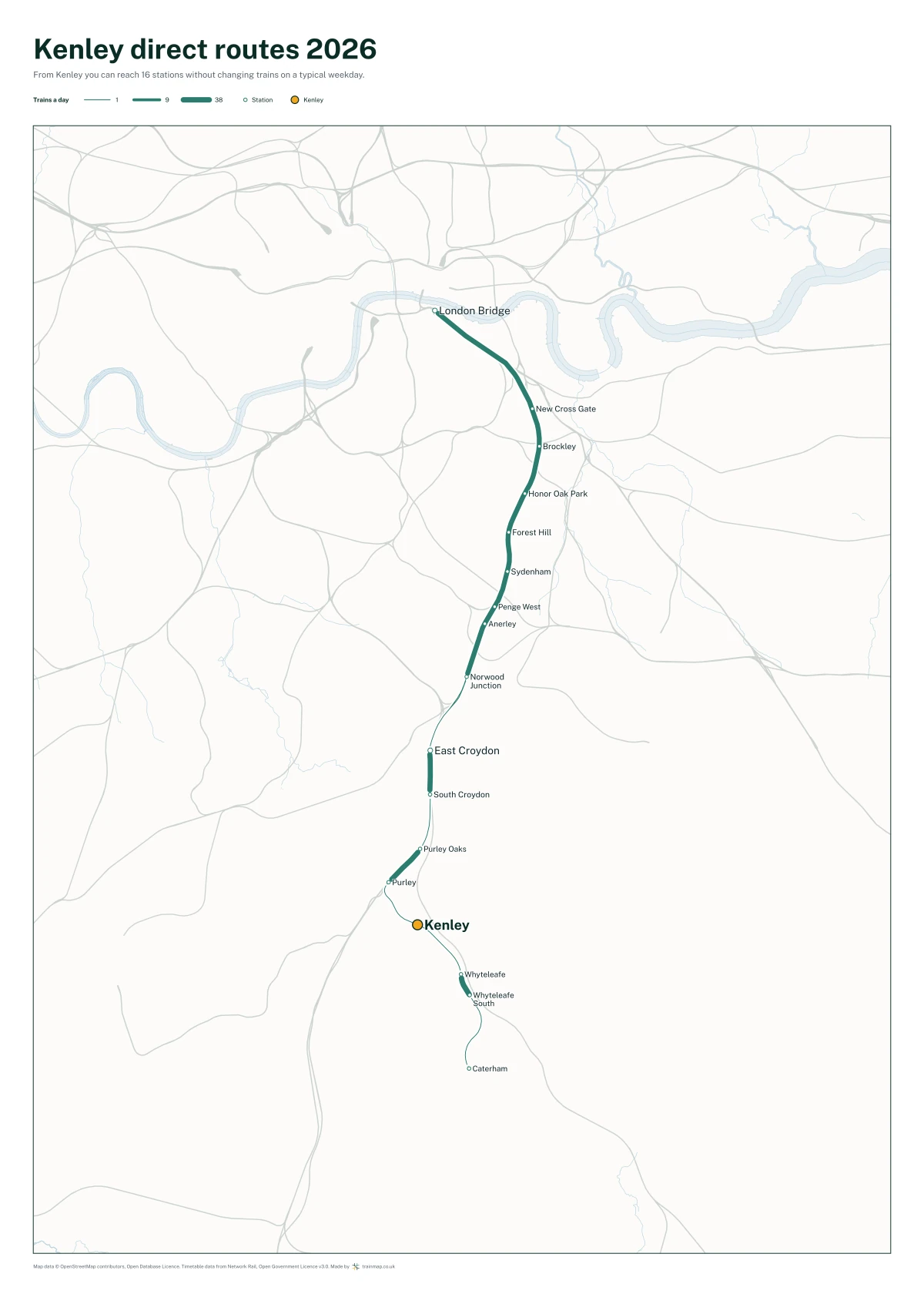 Kenley direct routes 2026: a map of every station you can reach from Kenley without changing trains, the lines thicker where more trains run