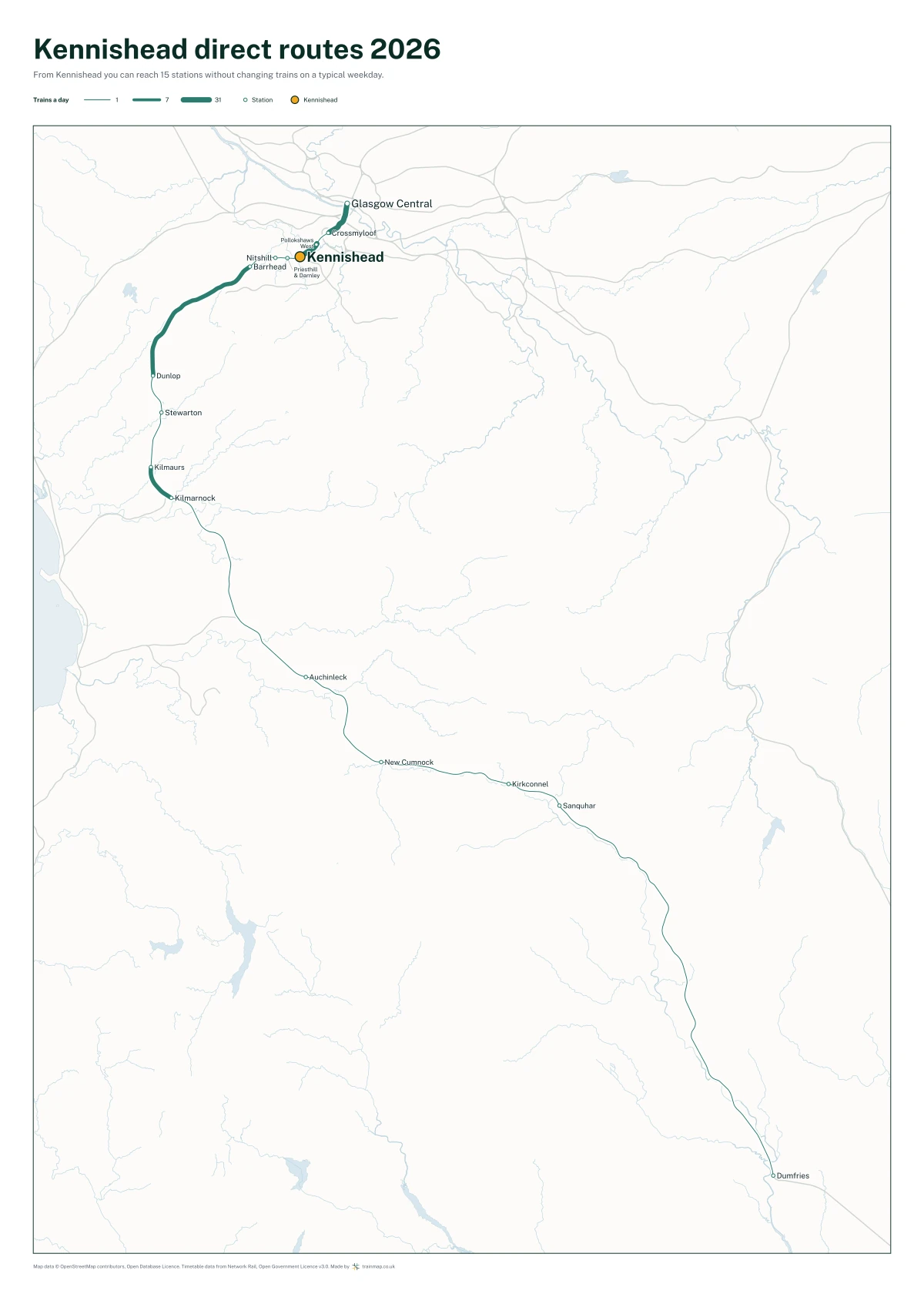 Kennishead direct routes 2026: a map of every station you can reach from Kennishead without changing trains, the lines thicker where more trains run
