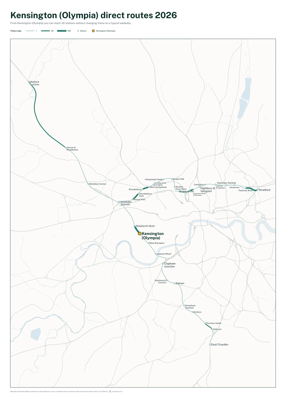 Kensington (Olympia) direct routes 2026: a map of every station you can reach from Kensington (Olympia) without changing trains, the lines thicker where more trains run