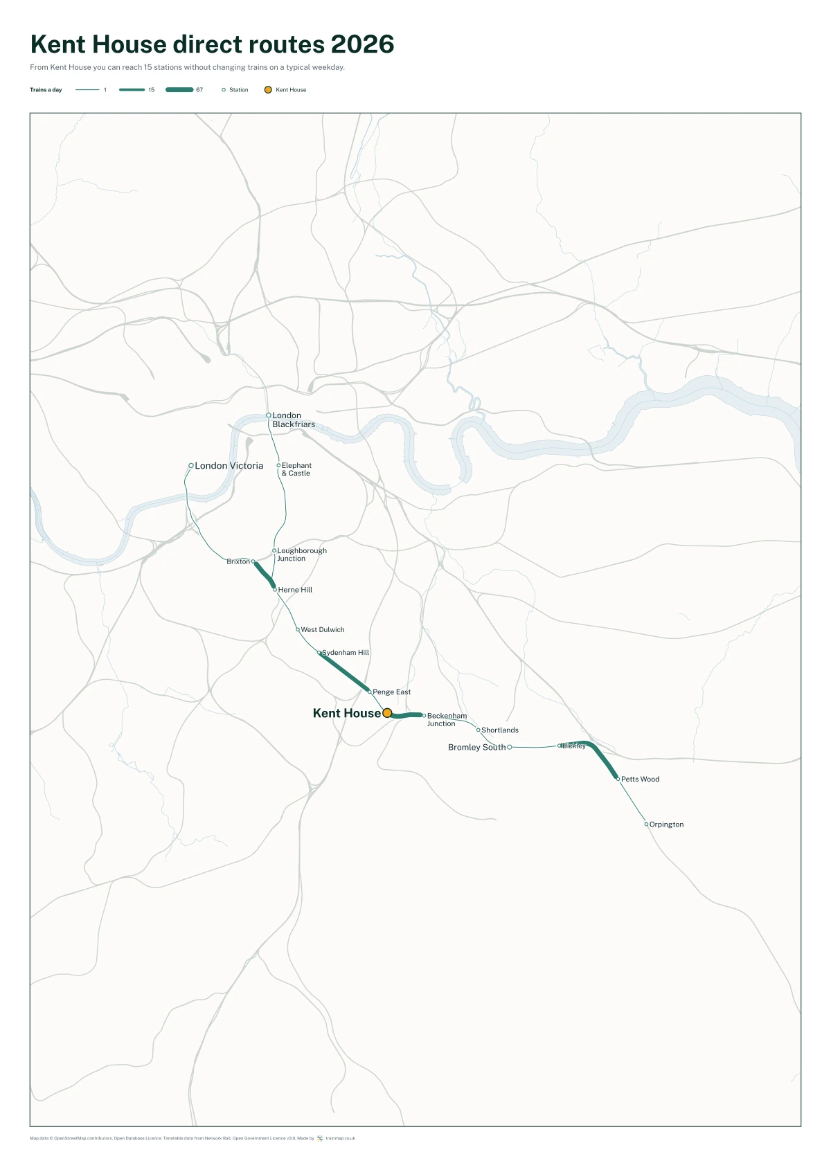 Kent House direct routes 2026: a map of every station you can reach from Kent House without changing trains, the lines thicker where more trains run