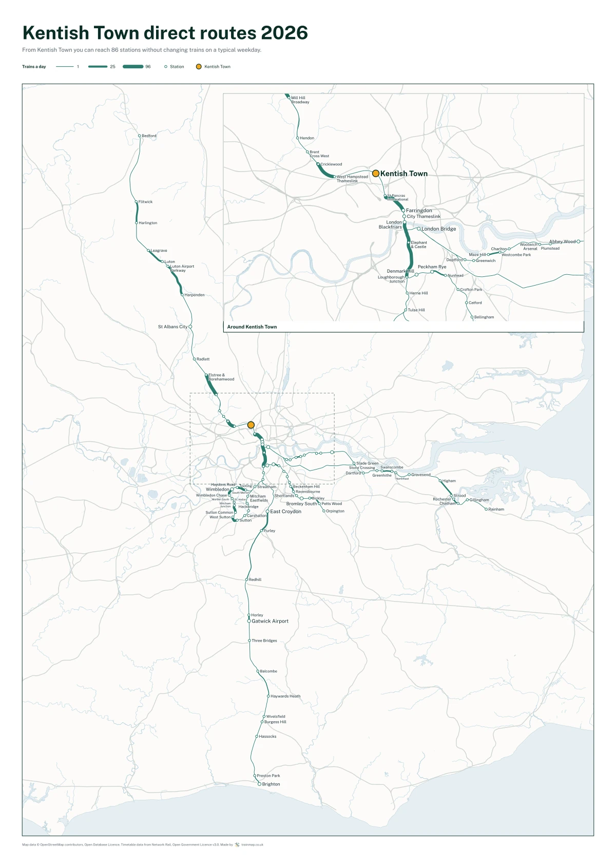 Kentish Town direct routes 2026: a map of every station you can reach from Kentish Town without changing trains, the lines thicker where more trains run