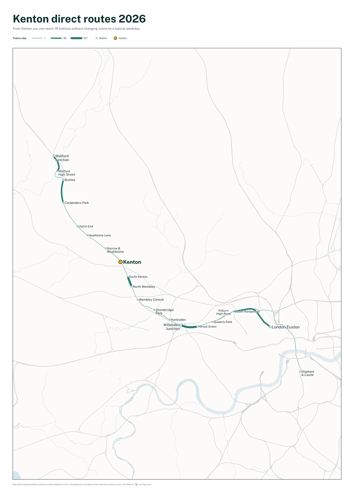 Kenton direct routes 2026: a map of every station you can reach from Kenton without changing trains, the lines thicker where more trains run