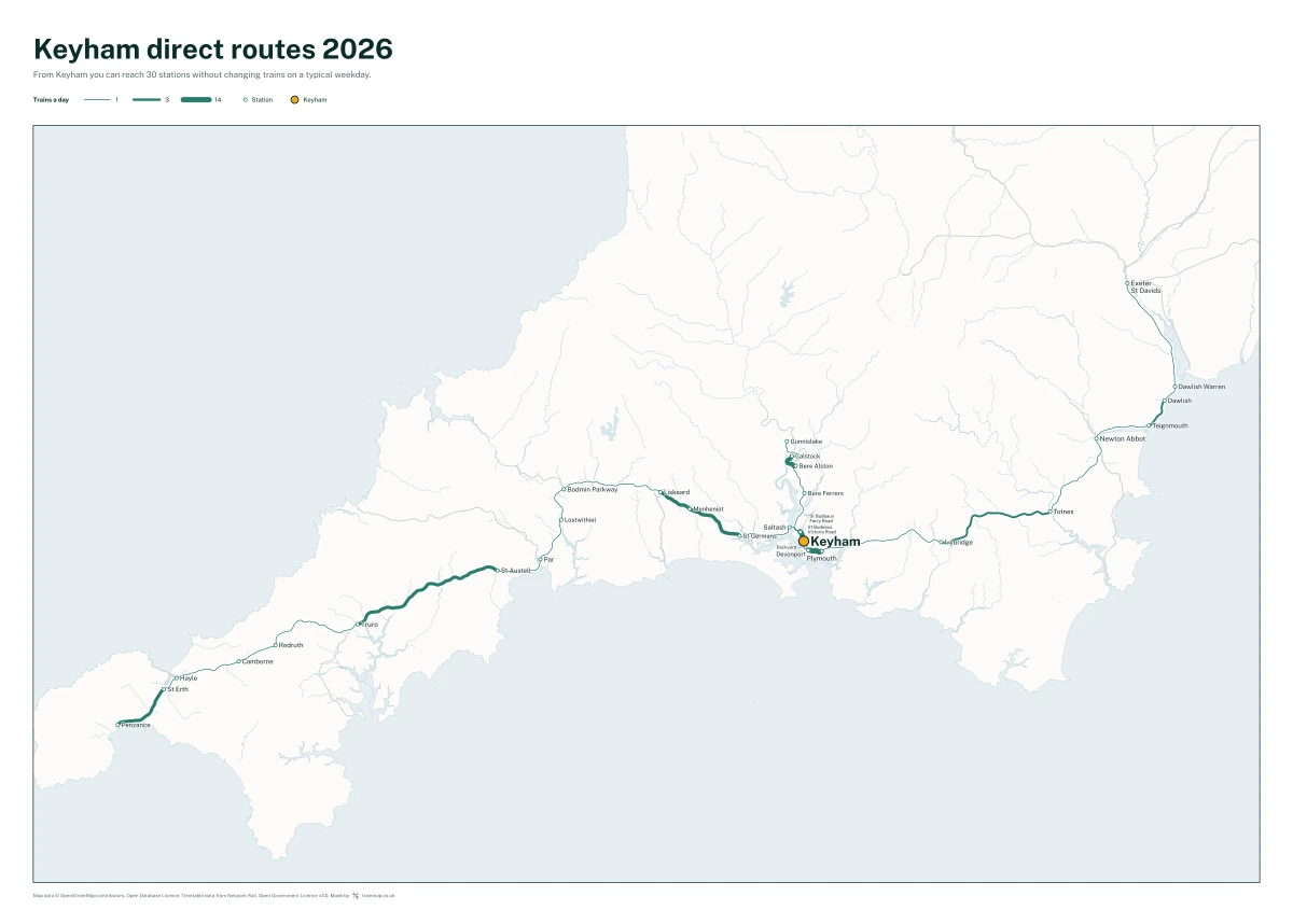 Keyham direct routes 2026: a map of every station you can reach from Keyham without changing trains, the lines thicker where more trains run