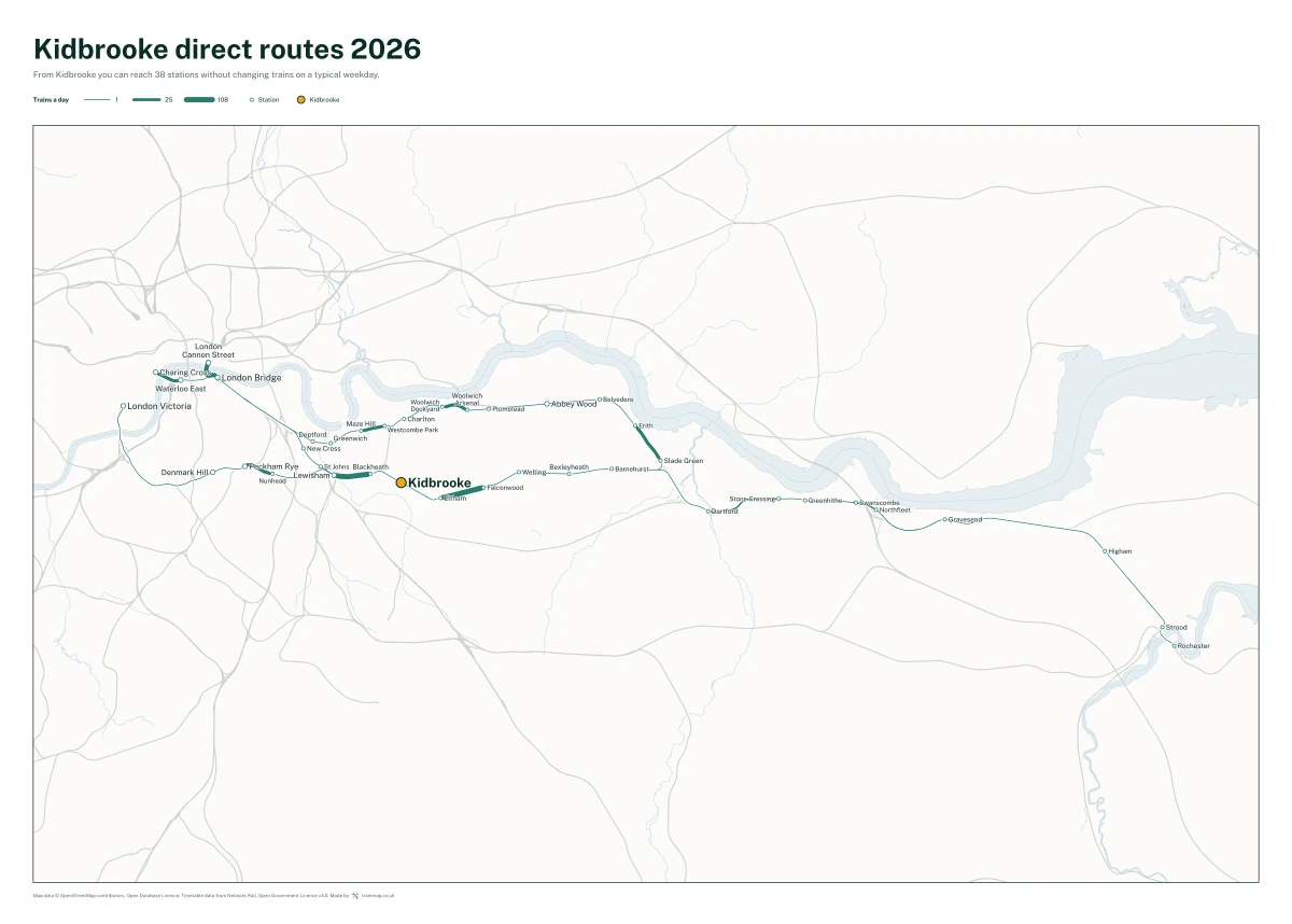Kidbrooke direct routes 2026: a map of every station you can reach from Kidbrooke without changing trains, the lines thicker where more trains run