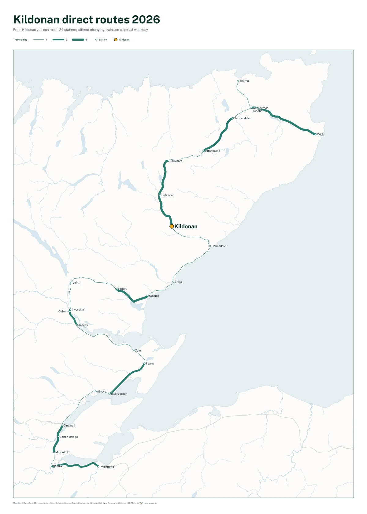 Kildonan direct routes 2026: a map of every station you can reach from Kildonan without changing trains, the lines thicker where more trains run