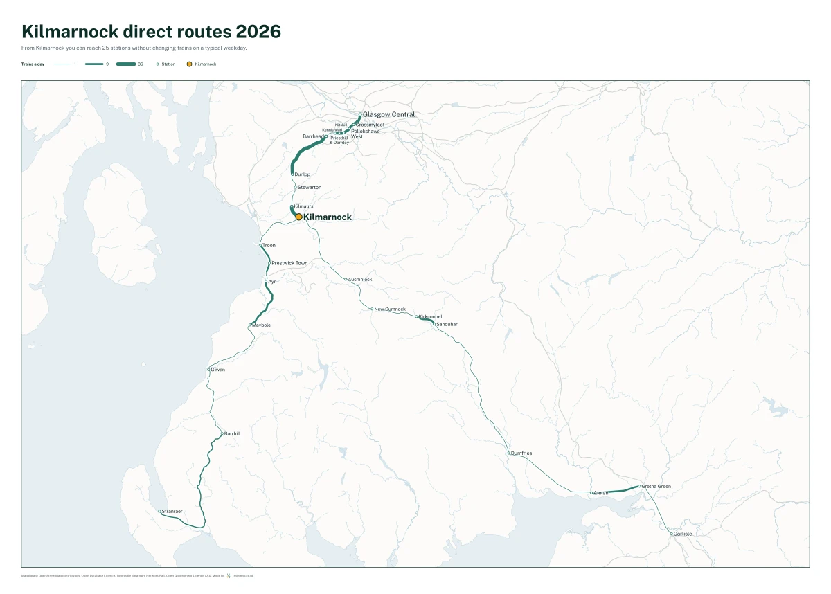 Kilmarnock direct routes 2026: a map of every station you can reach from Kilmarnock without changing trains, the lines thicker where more trains run