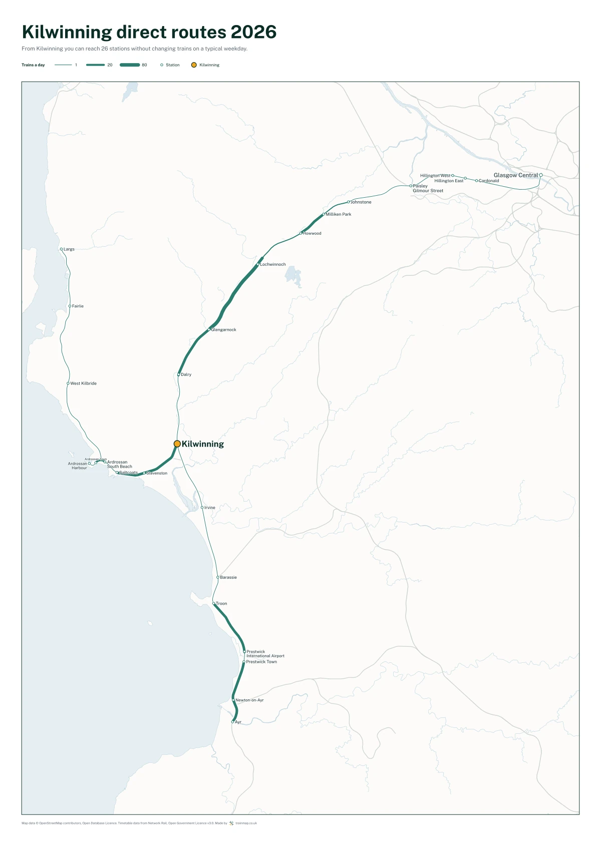 Kilwinning direct routes 2026: a map of every station you can reach from Kilwinning without changing trains, the lines thicker where more trains run
