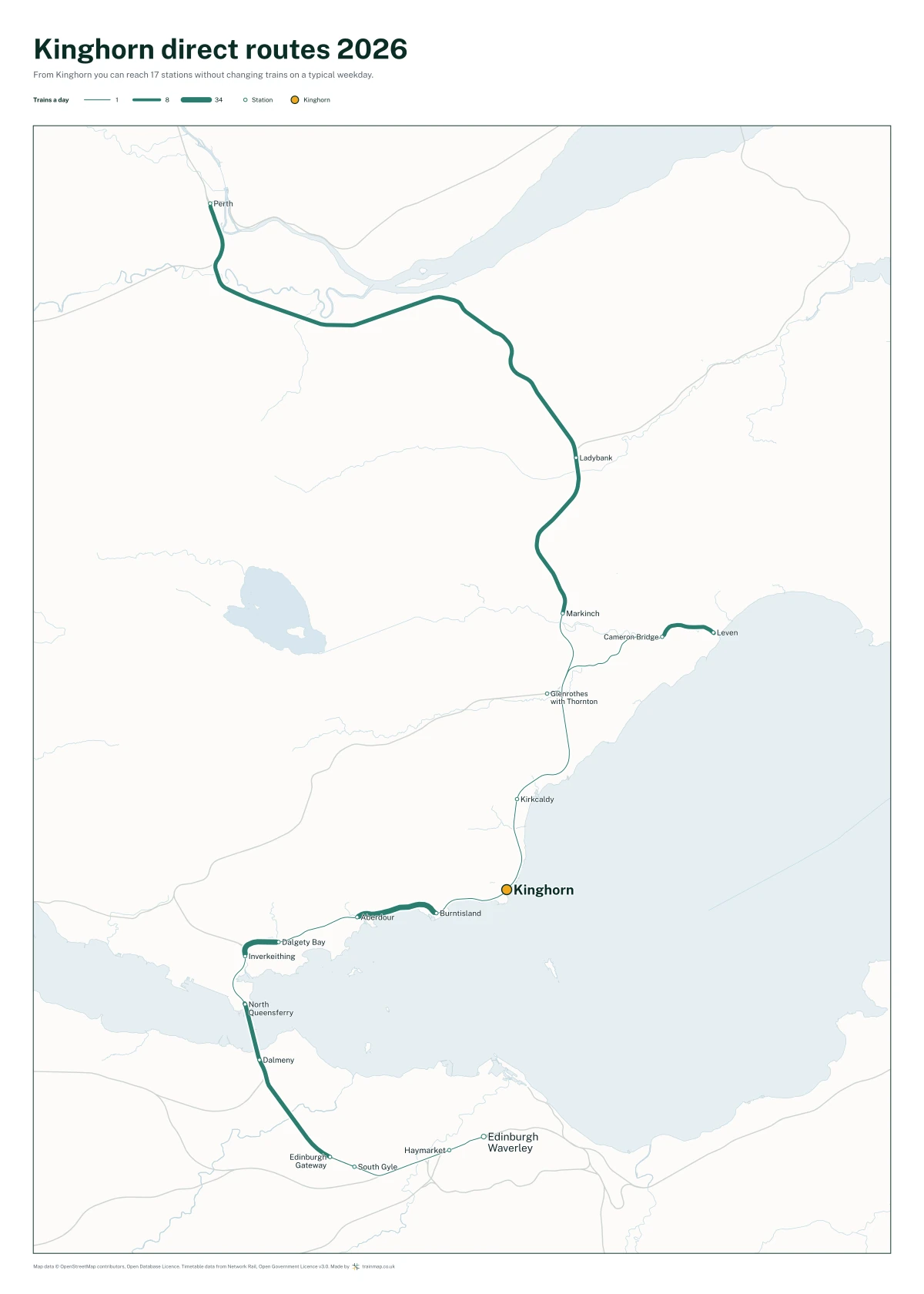 Kinghorn direct routes 2026: a map of every station you can reach from Kinghorn without changing trains, the lines thicker where more trains run