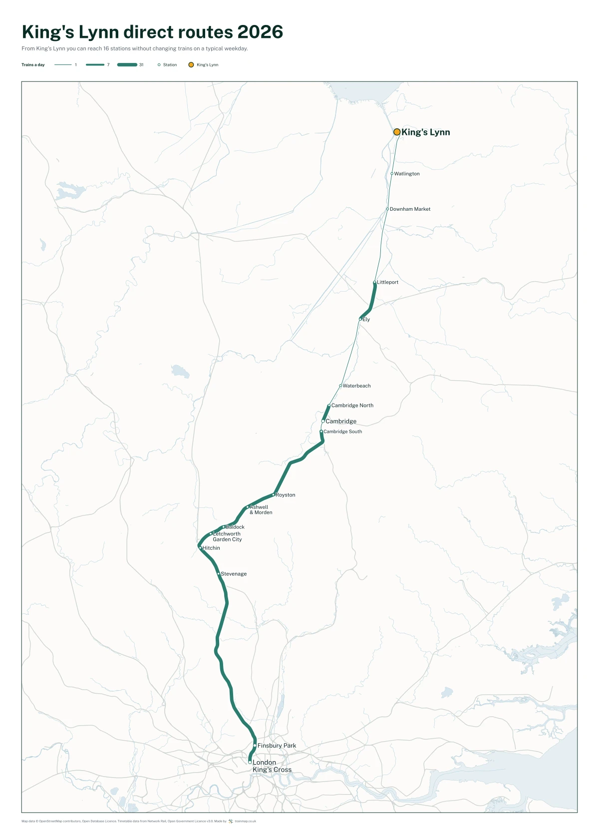 King's Lynn direct routes 2026: a map of every station you can reach from King's Lynn without changing trains, the lines thicker where more trains run