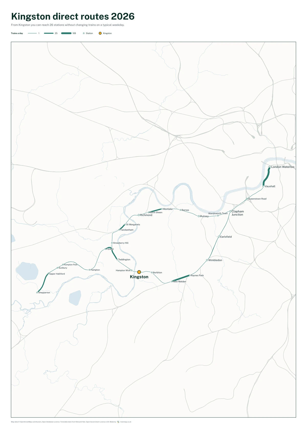 Kingston direct routes 2026: a map of every station you can reach from Kingston without changing trains, the lines thicker where more trains run