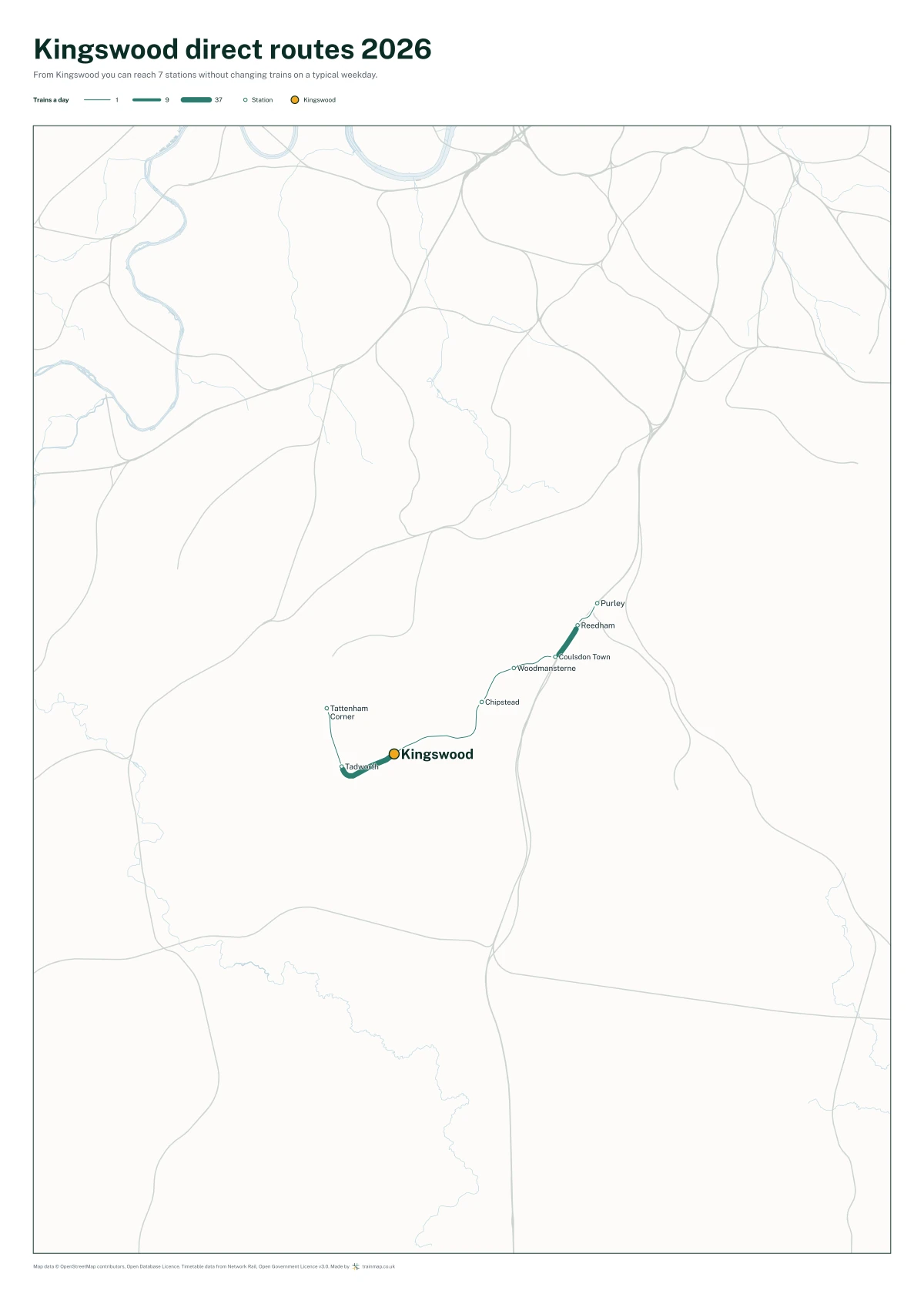 Kingswood direct routes 2026: a map of every station you can reach from Kingswood without changing trains, the lines thicker where more trains run